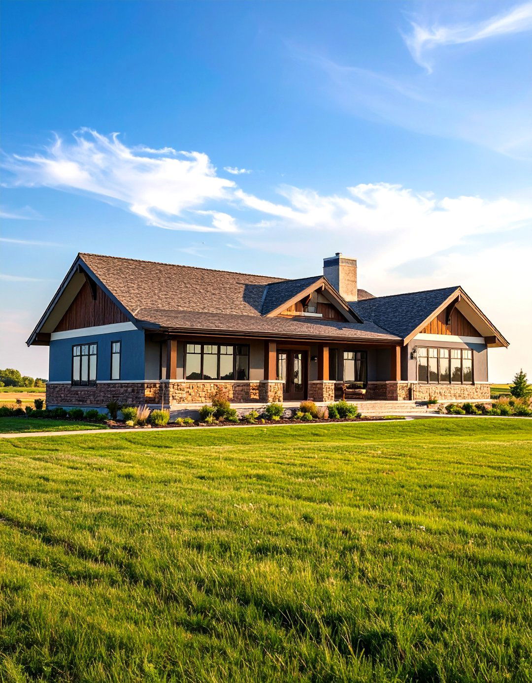 Prairie Style Blue with Brown Hip Roof - 24 blue exterior home with a brown roof ideas