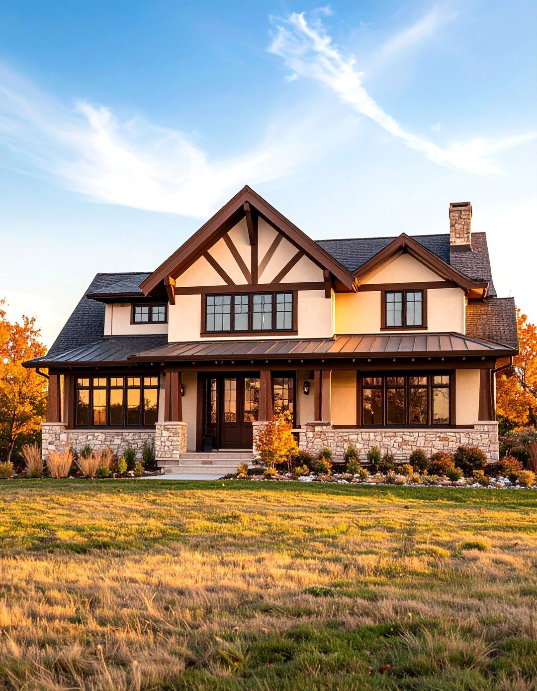 Prairie Style Cream Stucco with Brown Timber Details - 24 Cream and Brown House Exterior Ideas