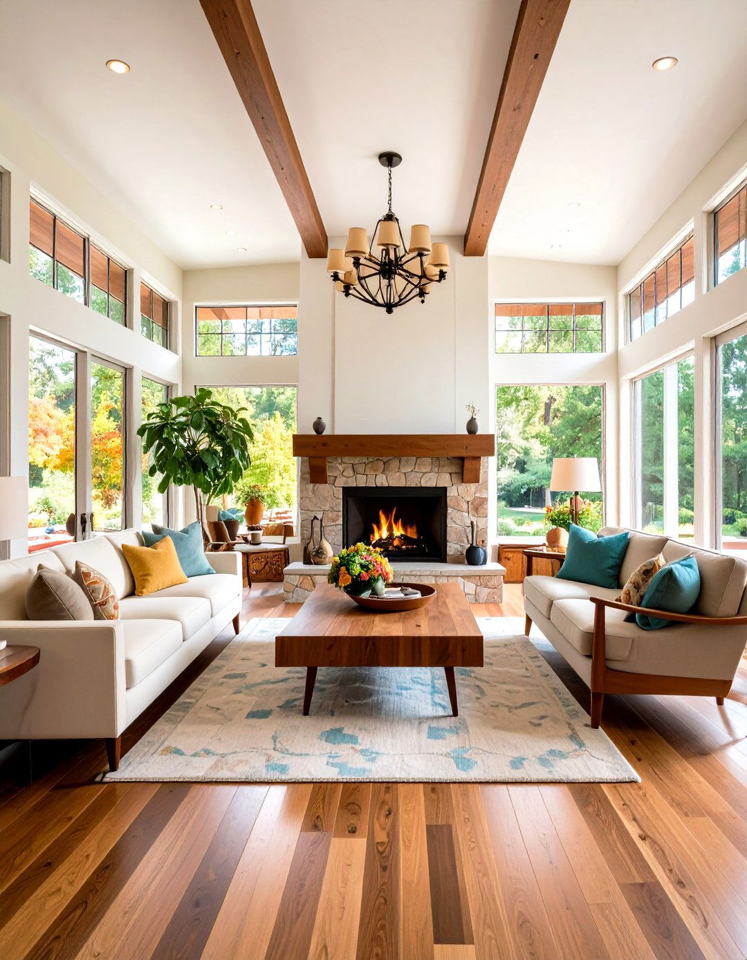 Prairie Style Fireplace With Horizontal Ceiling Elements