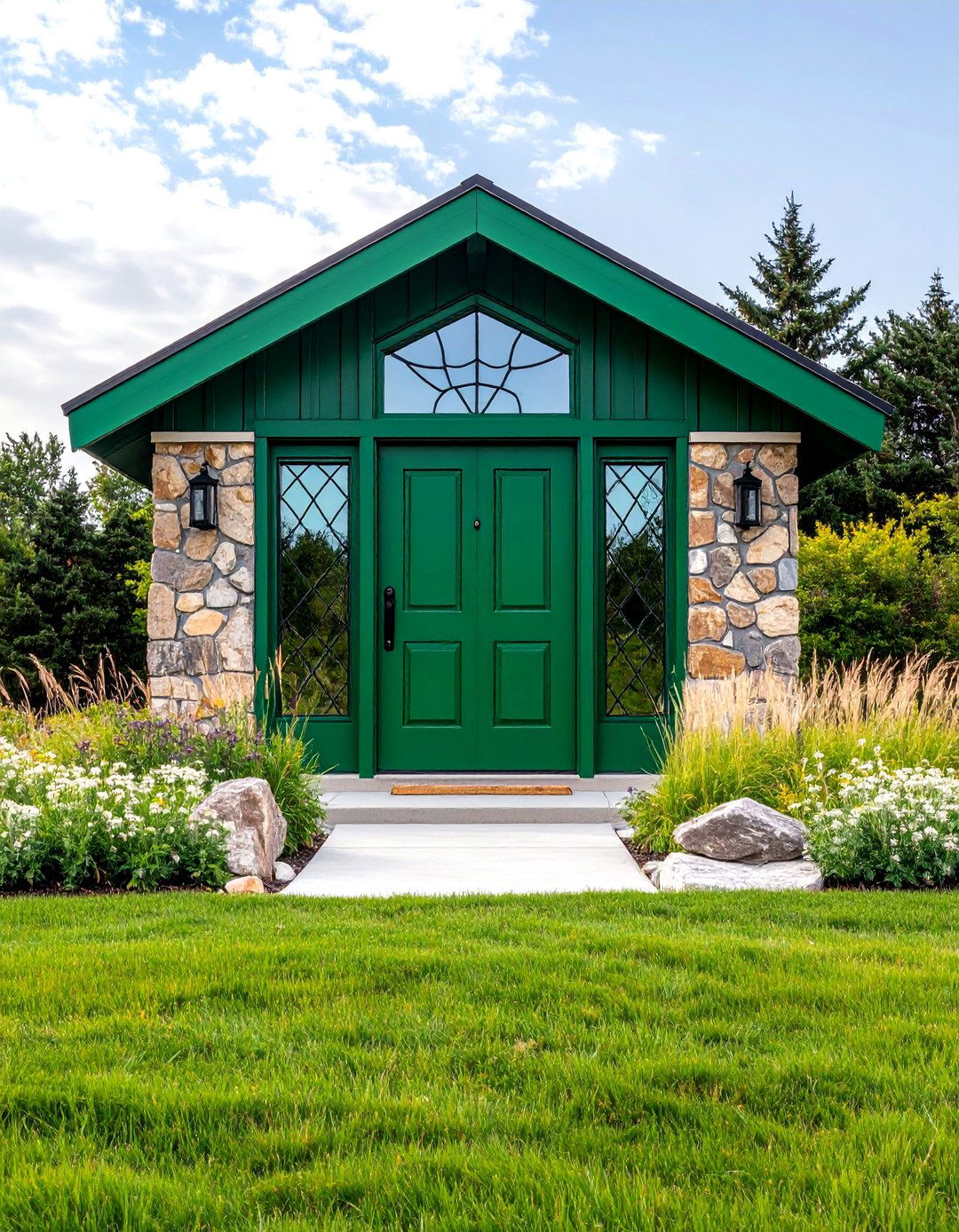Prairie Style Forest Green with Geometric Lead Came - 24 Dark Green Front Door Ideas