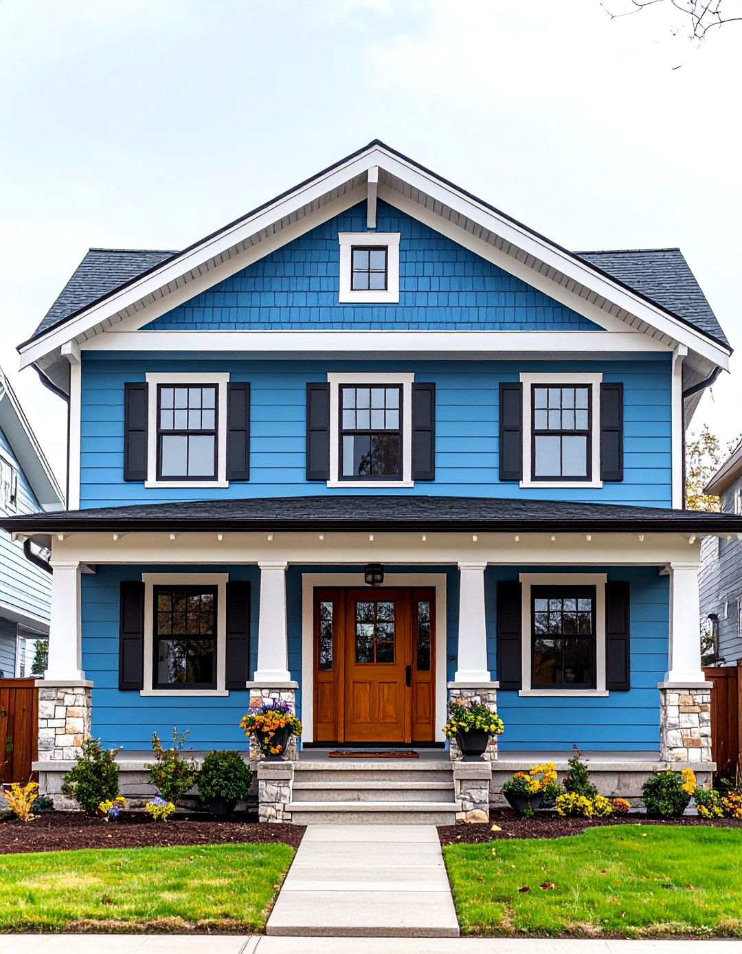 Prairie Style Home in Cornflower Blue with Black Trim - 24 Blue House With Black Trim Ideas