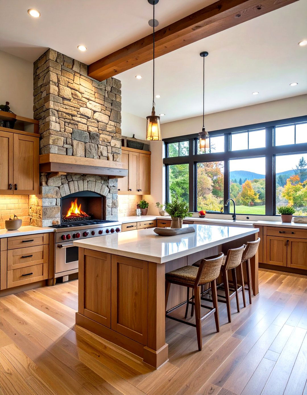 Prairie Style Kitchen Fireplace - 24 Kitchens With Fireplaces