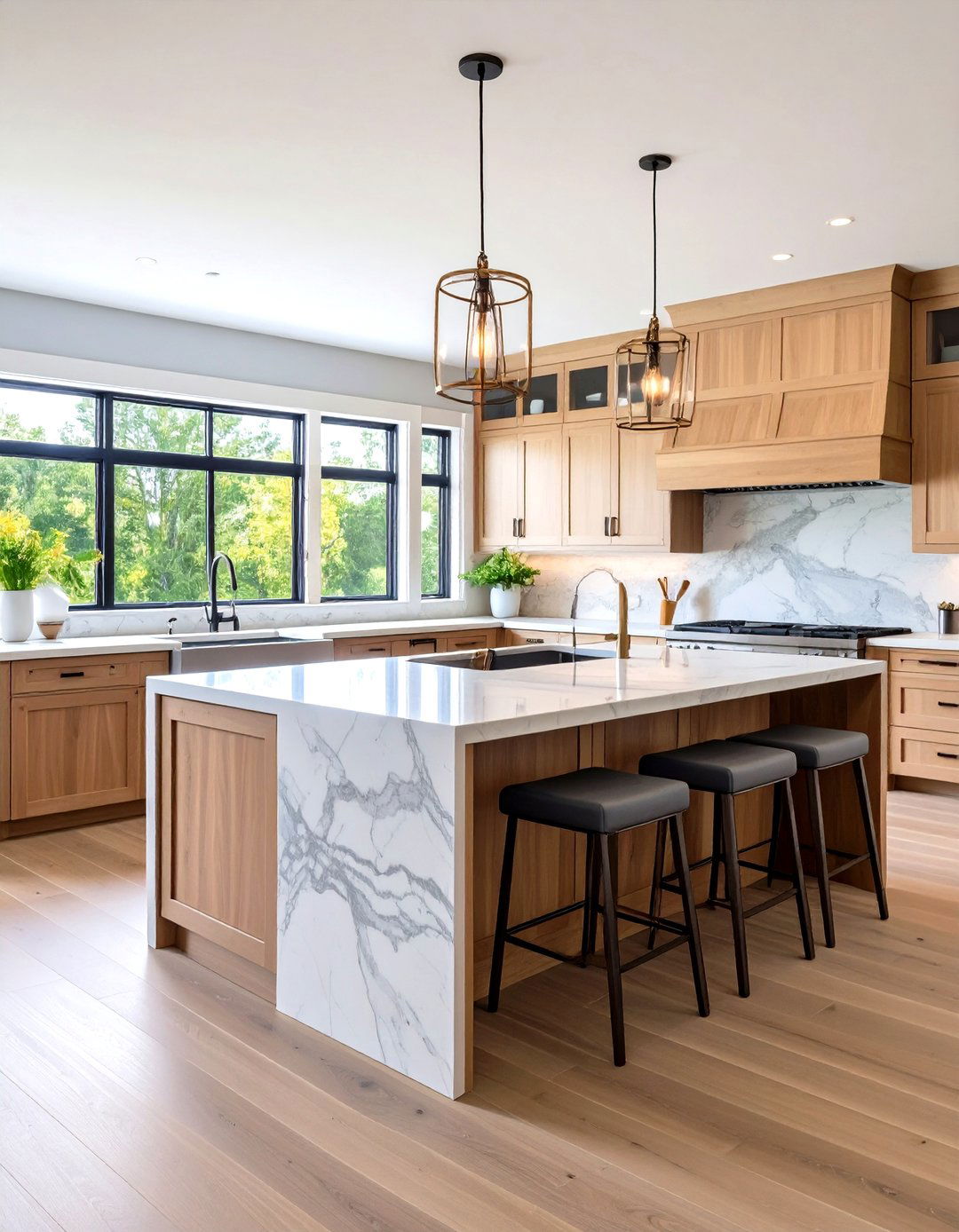Prairie Style Kitchen Island with Waterfall Stone Countertops - 24 Prairie-style Interior Design Ideas