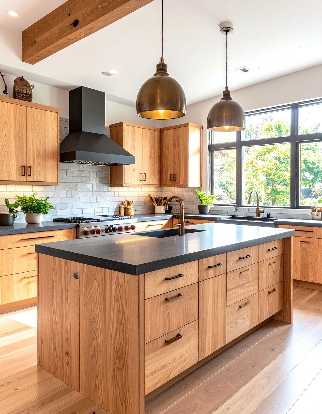 Prairie Style Kitchen with Light Oak Cabinets and Dark Concrete Countertops - 24 kitchen with dark countertops and light cabinets