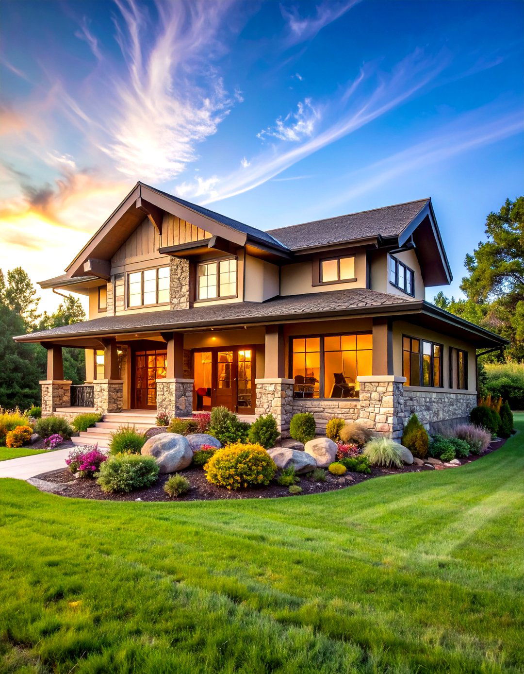 Prairie Style with Horizontal Stone Bands - 24 Aesthetic House Exterior Ideas