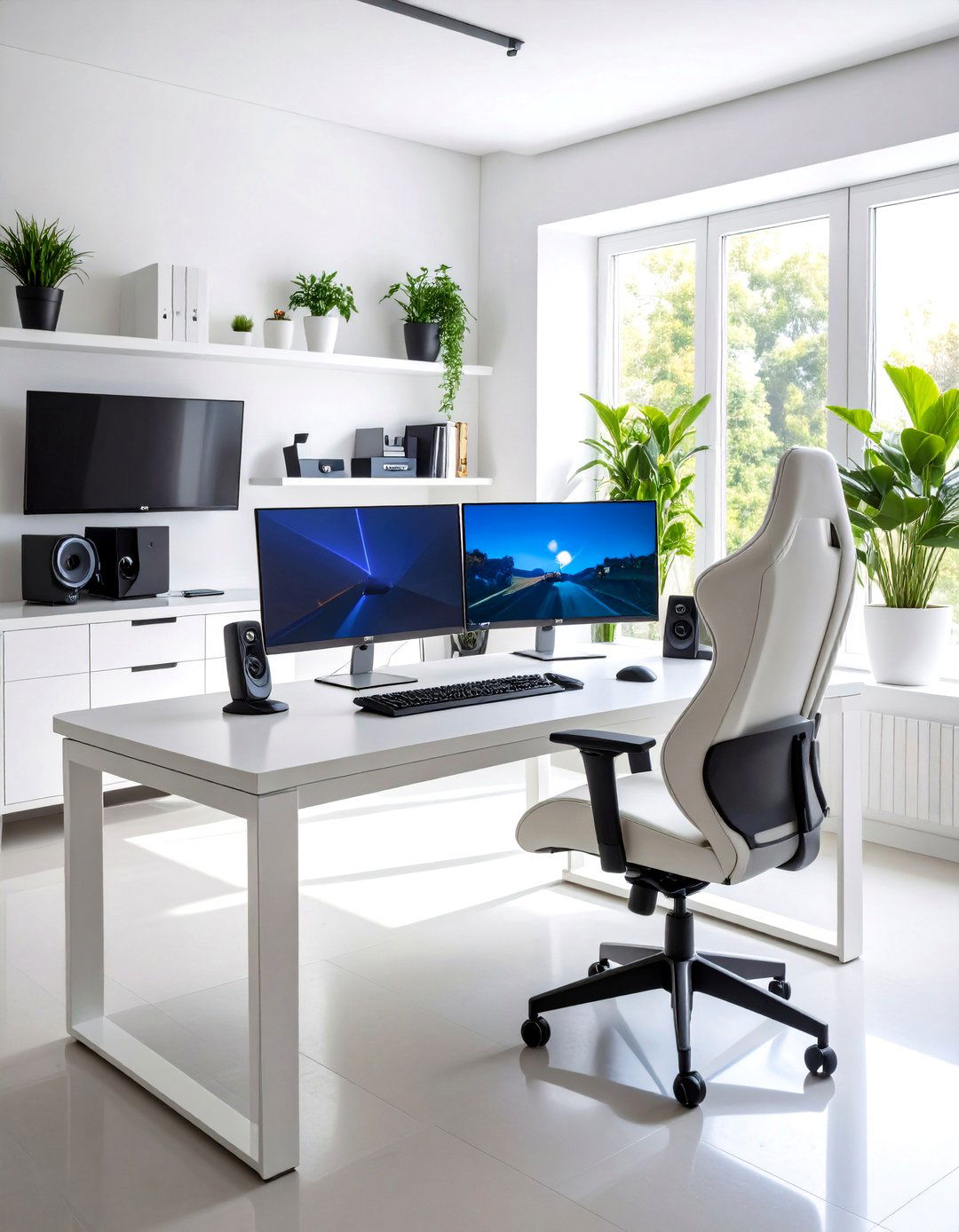 Professional White Dual Purpose Workspace - 24 All White Gaming Setup Ideas