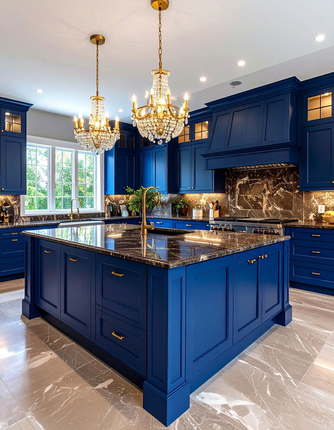 Prussian Blue Elegant Cabinets with Imperial Brown Granite - 24 blue kitchen cabinets with brown granite countertops