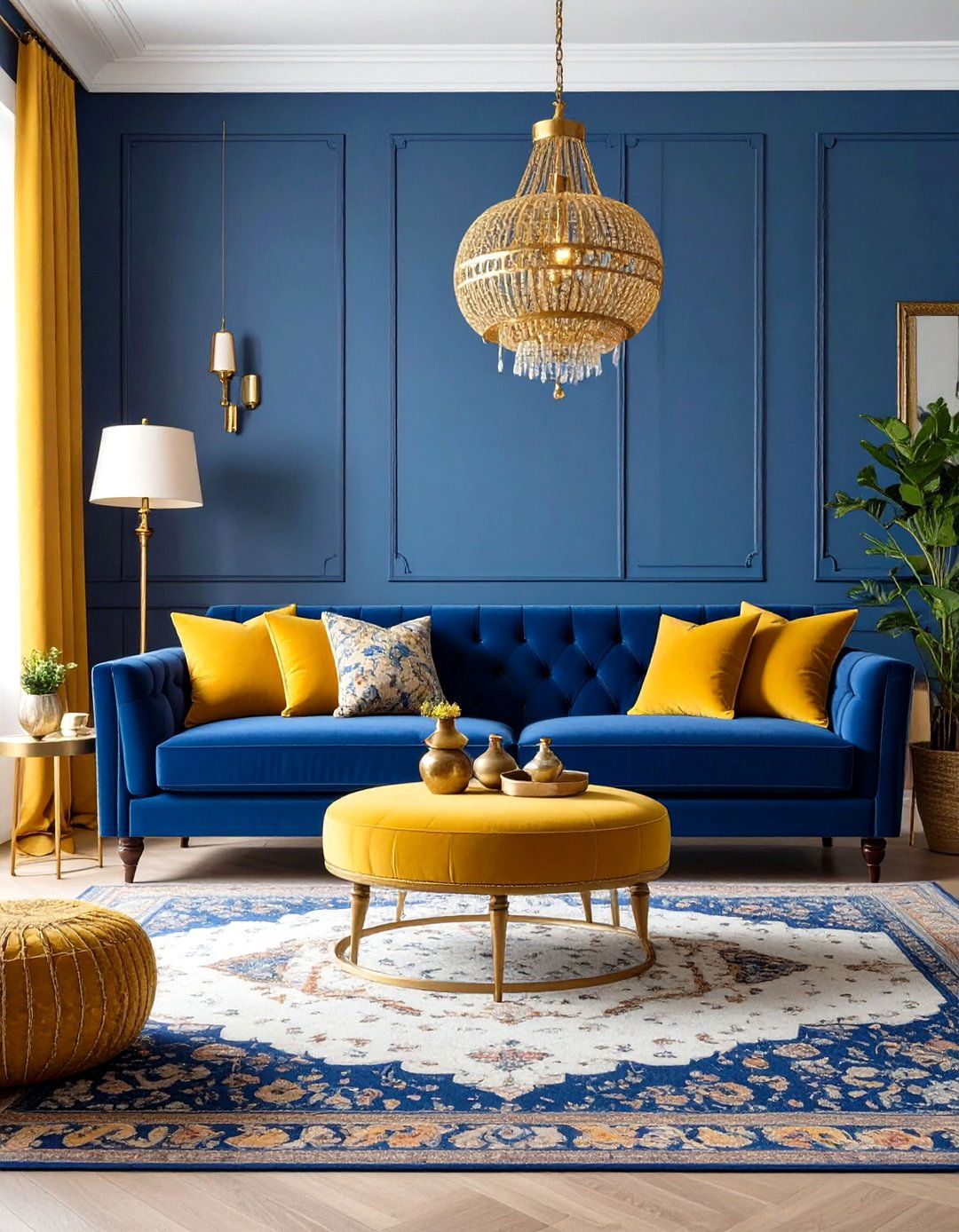 Prussian Blue and Ochre Vintage - 24 Yellow and Blue Living Room Ideas