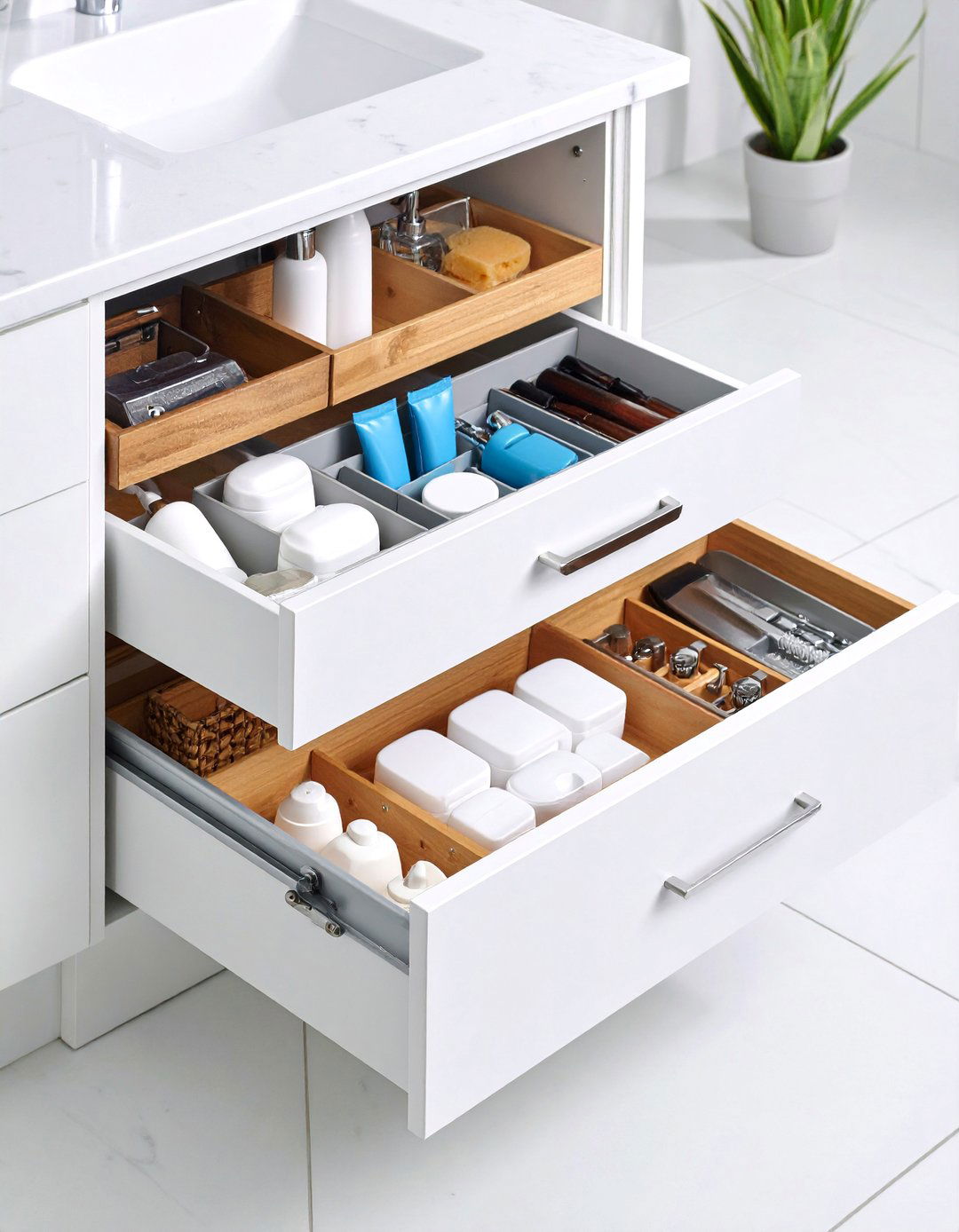 Pull Out Drawer Organizer System with Full Extension Access - 24 Bathroom Drawer Organization Ideas