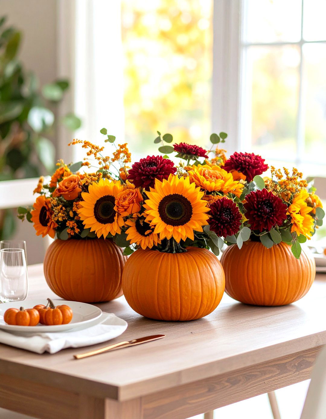 Pumpkin Vase Arrangements - 24 Thanksgiving Centerpiece Ideas