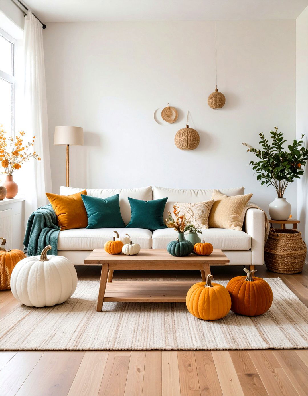 Pumpkin and Gourd Display Living Room - 24 Fall Living Room Ideas