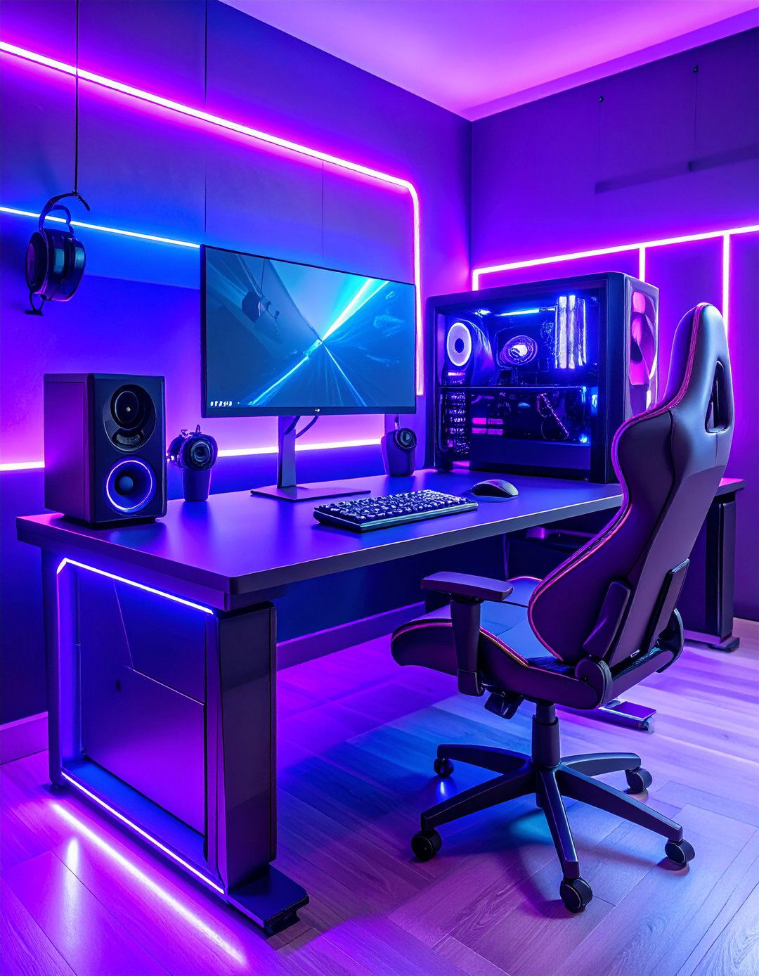 Purple Gaming Desk with Built in Features - 24 Purple Gaming Setup Ideas