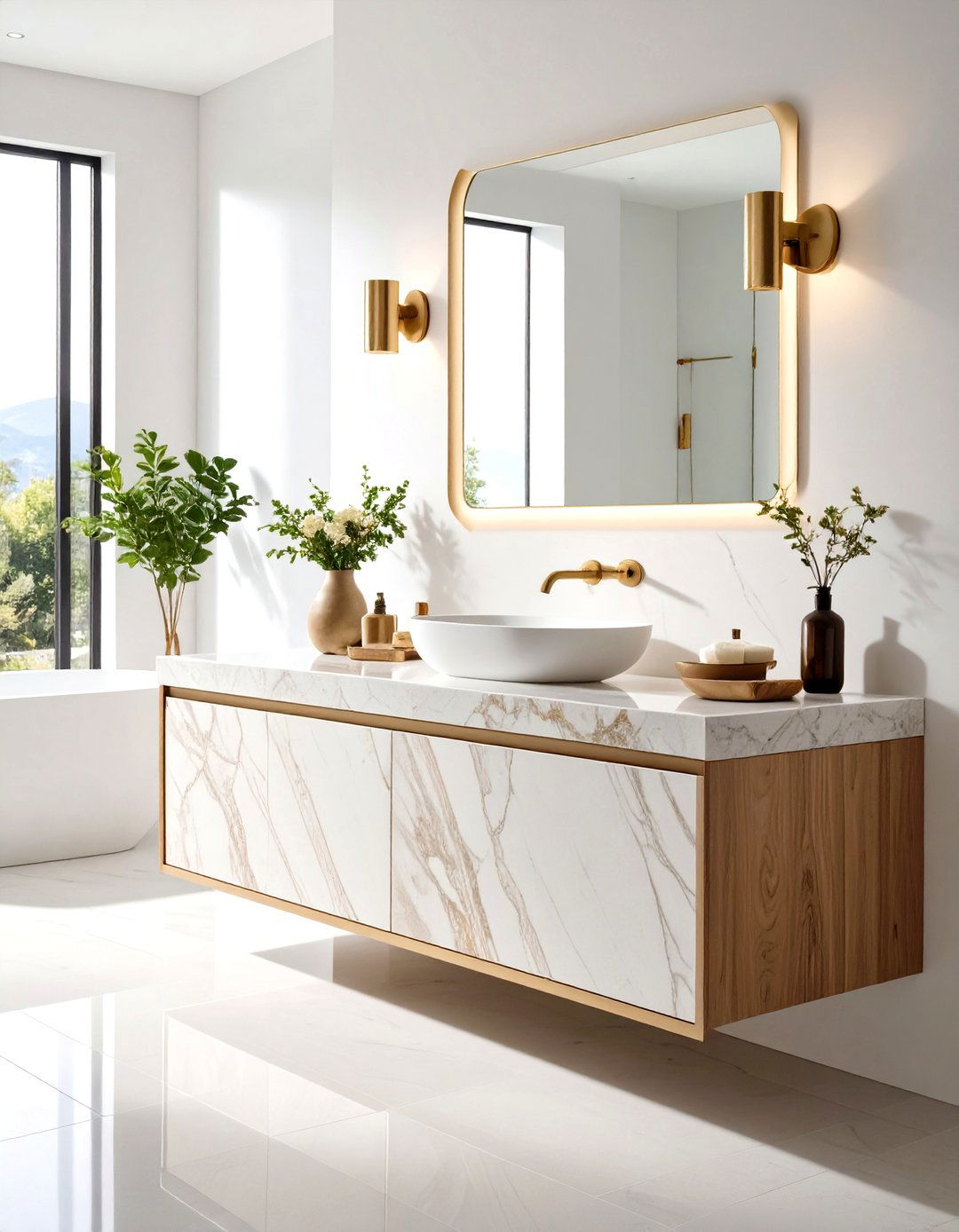 Quartzite Countertops with Raw Edge Details - 24 Stone Bathroom Ideas