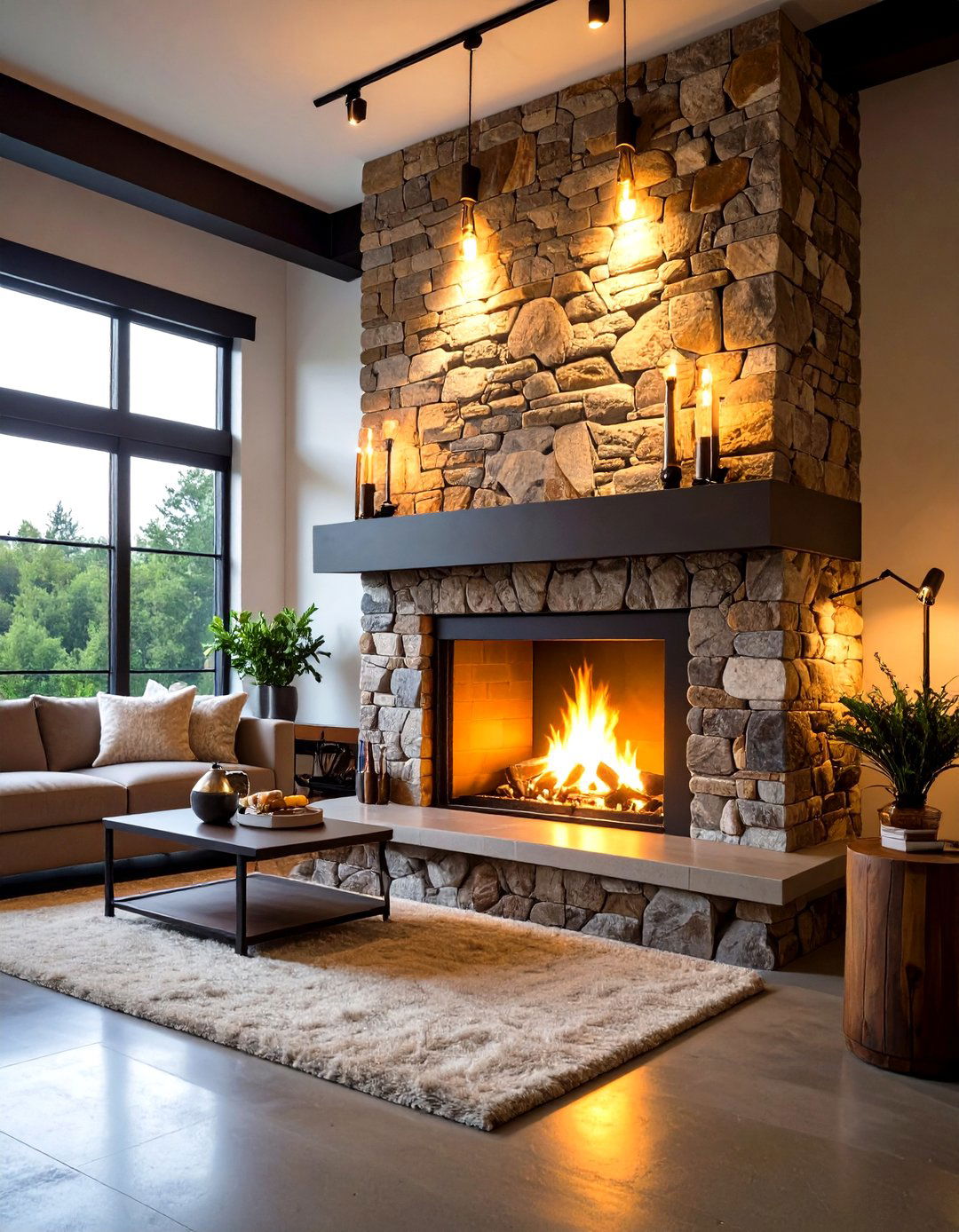 Quartzite Stacked Stone with Steel Accents - 24 Stacked Stone Fireplace Ideas