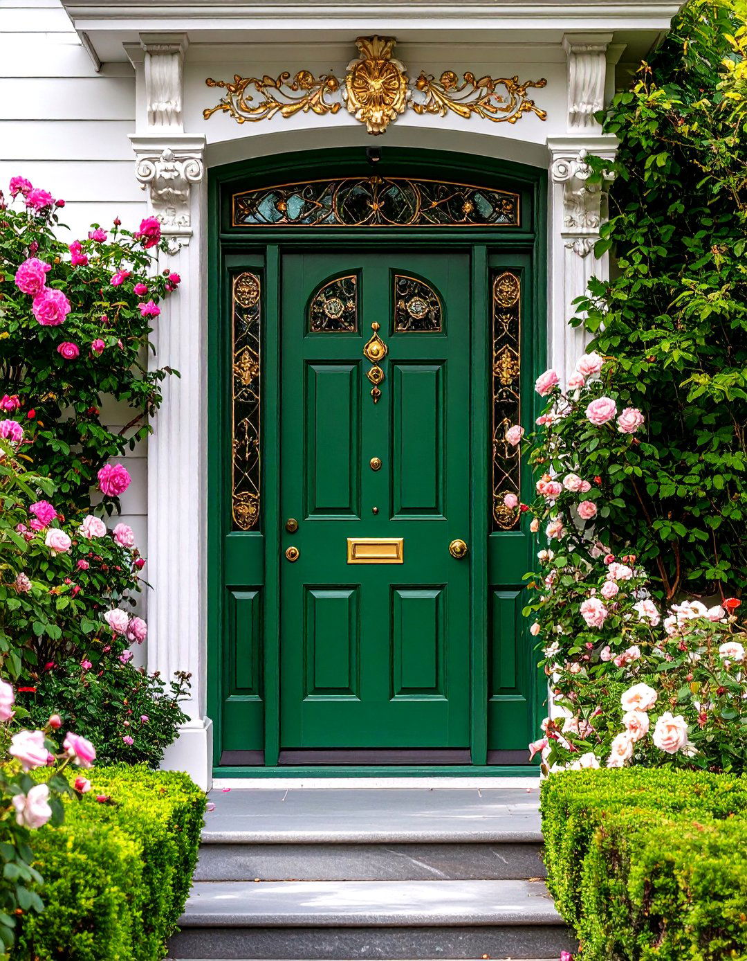 Queen Anne Victorian Emerald Green with Ornate Brass - 24 Dark Green Front Door Ideas
