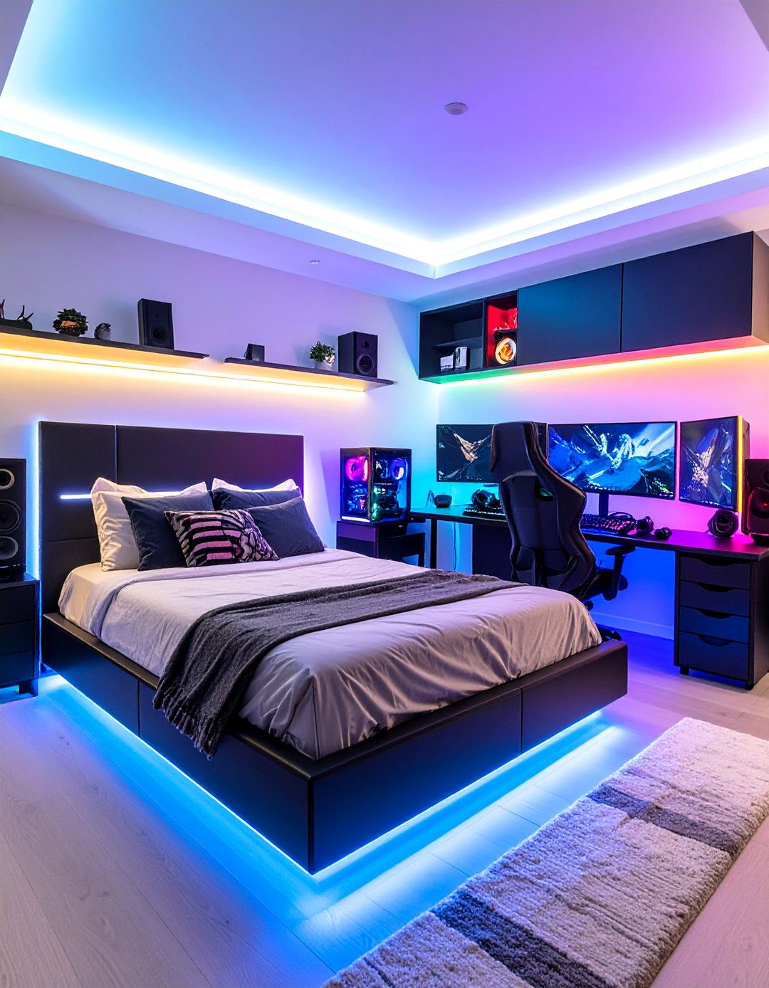 RGB LED Strip Gaming Bedroom Setup - 24 Boys Gaming Bedroom Ideas