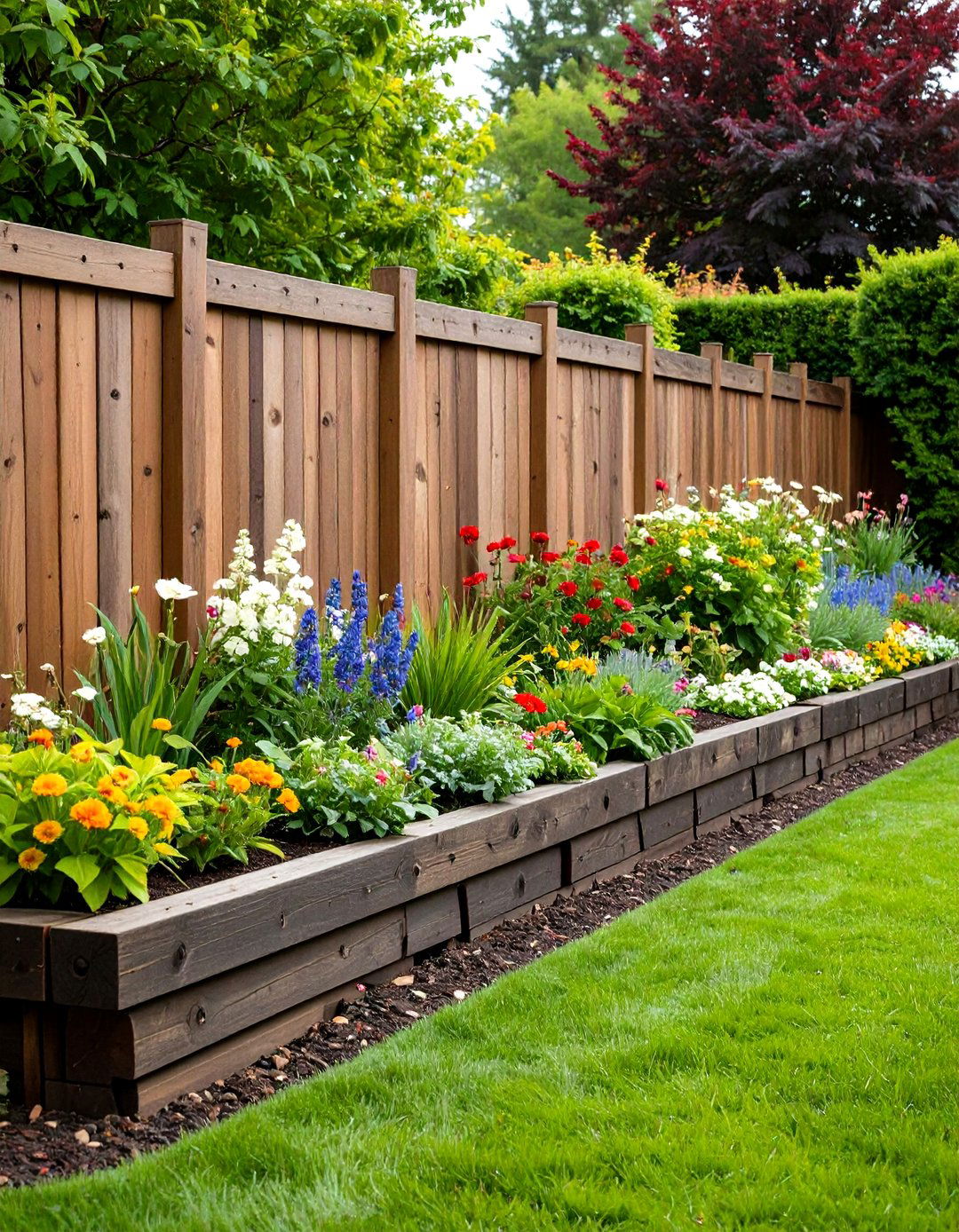 Railroad Tie Retaining Wall with Rustic Character - 24 Retaining Wall Ideas for Sloped Backyard