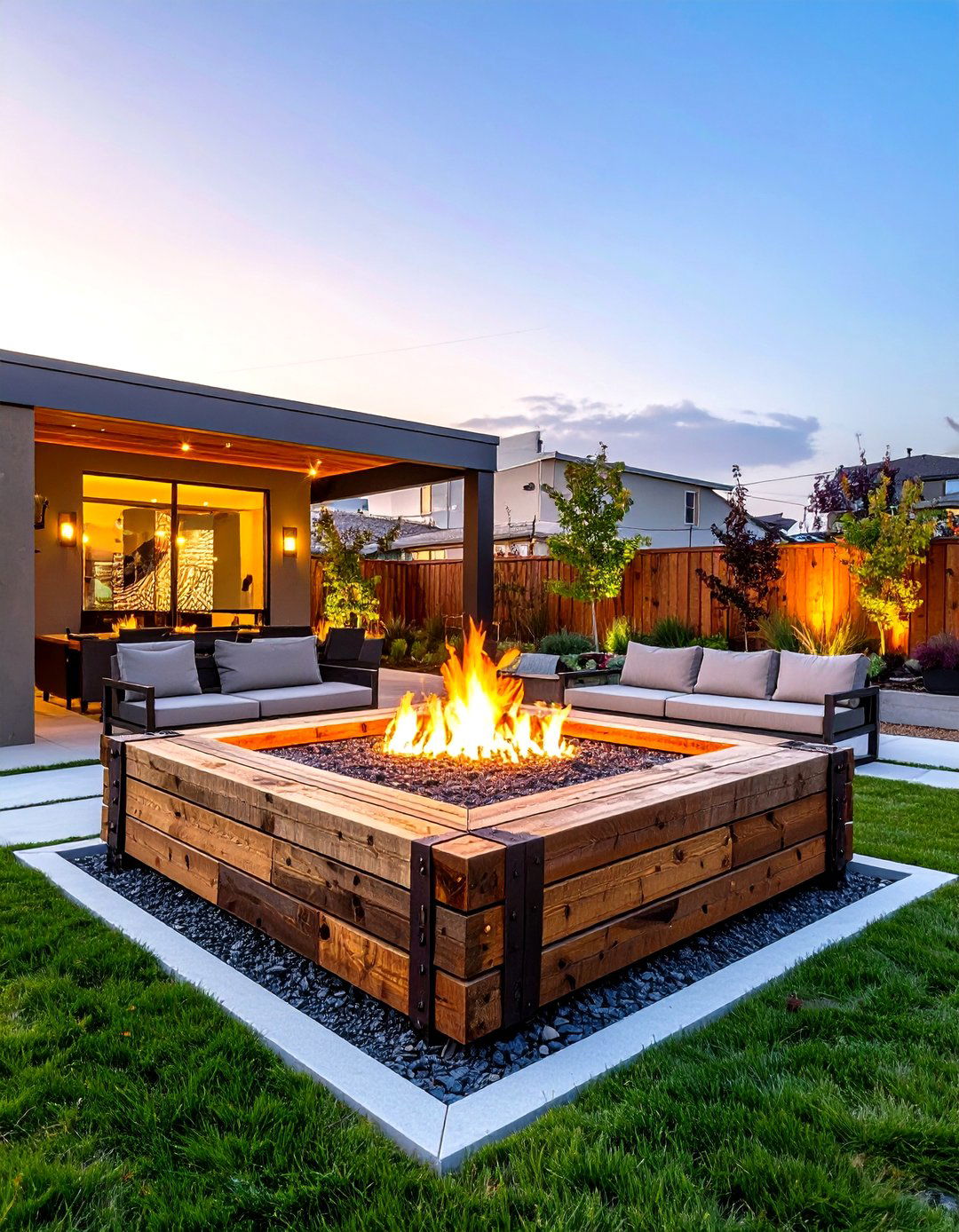 Railroad Tie Square Fire Pit - 24 Rustic Fire Pit Ideas