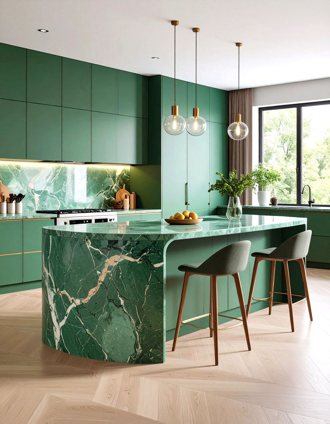 Rainforest Green Marble Curved Island - 24 Green Marble Countertop Design Ideas
