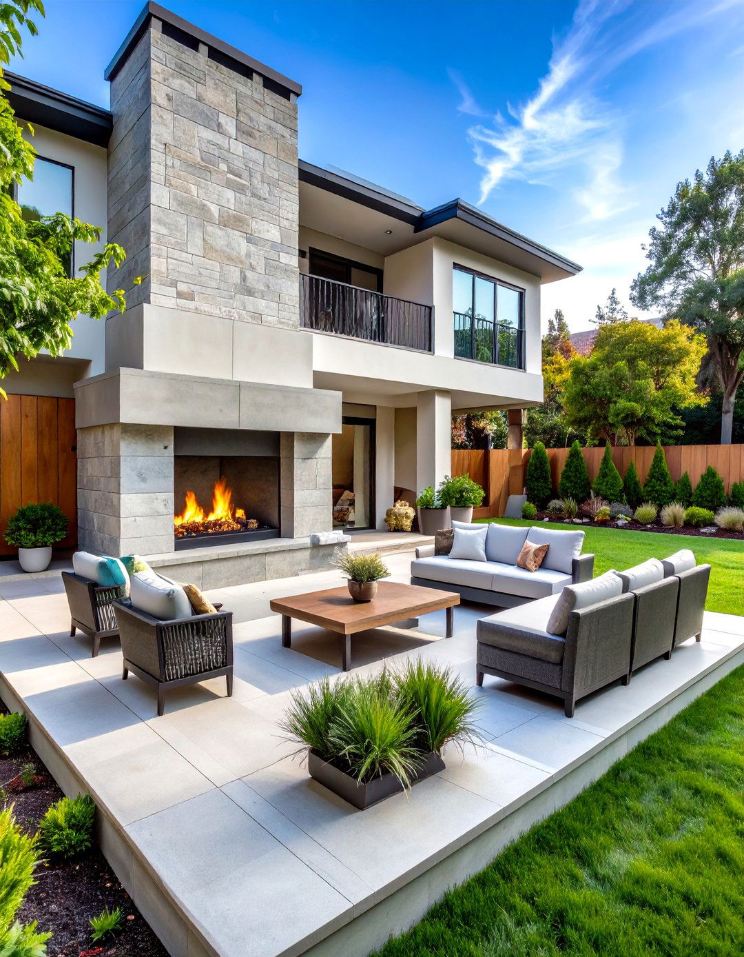 Raised Concrete Fireplace Focal Point Patio - 24 Raised Concrete Patio Ideas