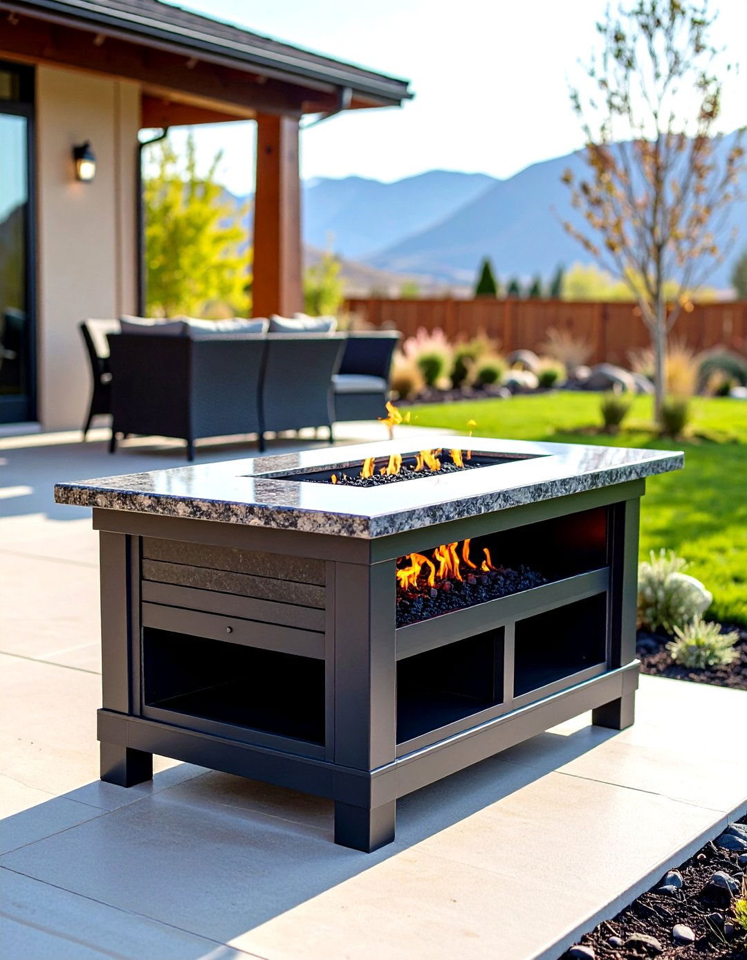 Raised Granite Fire Table With Storage - 24 Stone Fire Pit Ideas