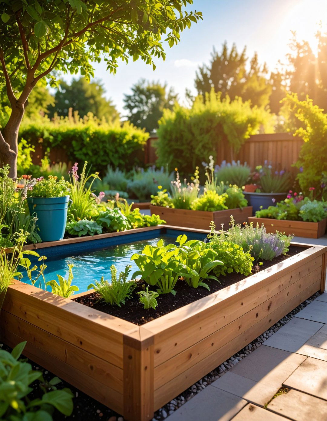 Raised Pond Planter Combination with Herb Garden - 24 Raised Garden Pond Ideas