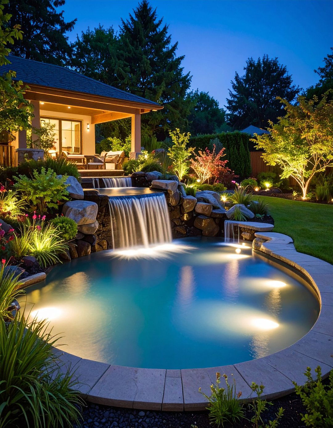 Raised Pond with Integrated Waterfall and Lighting - 24 Raised Garden Pond Ideas