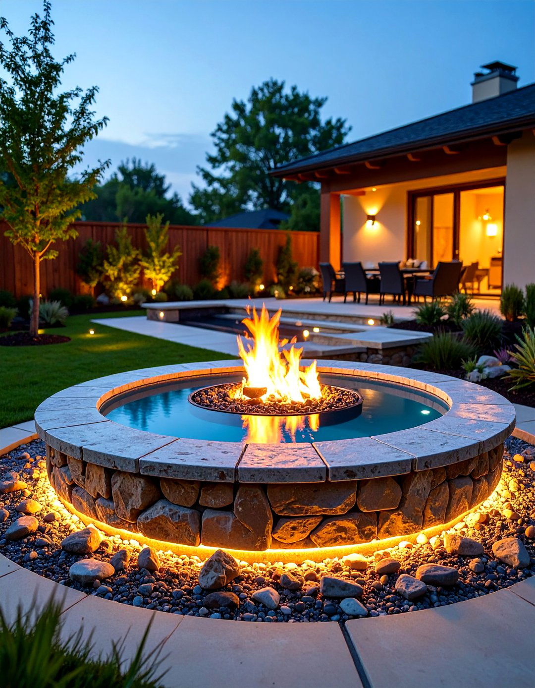 Raised Stone Fire Pit with Cascading Water Feature - 24 Fire Pit Ideas
