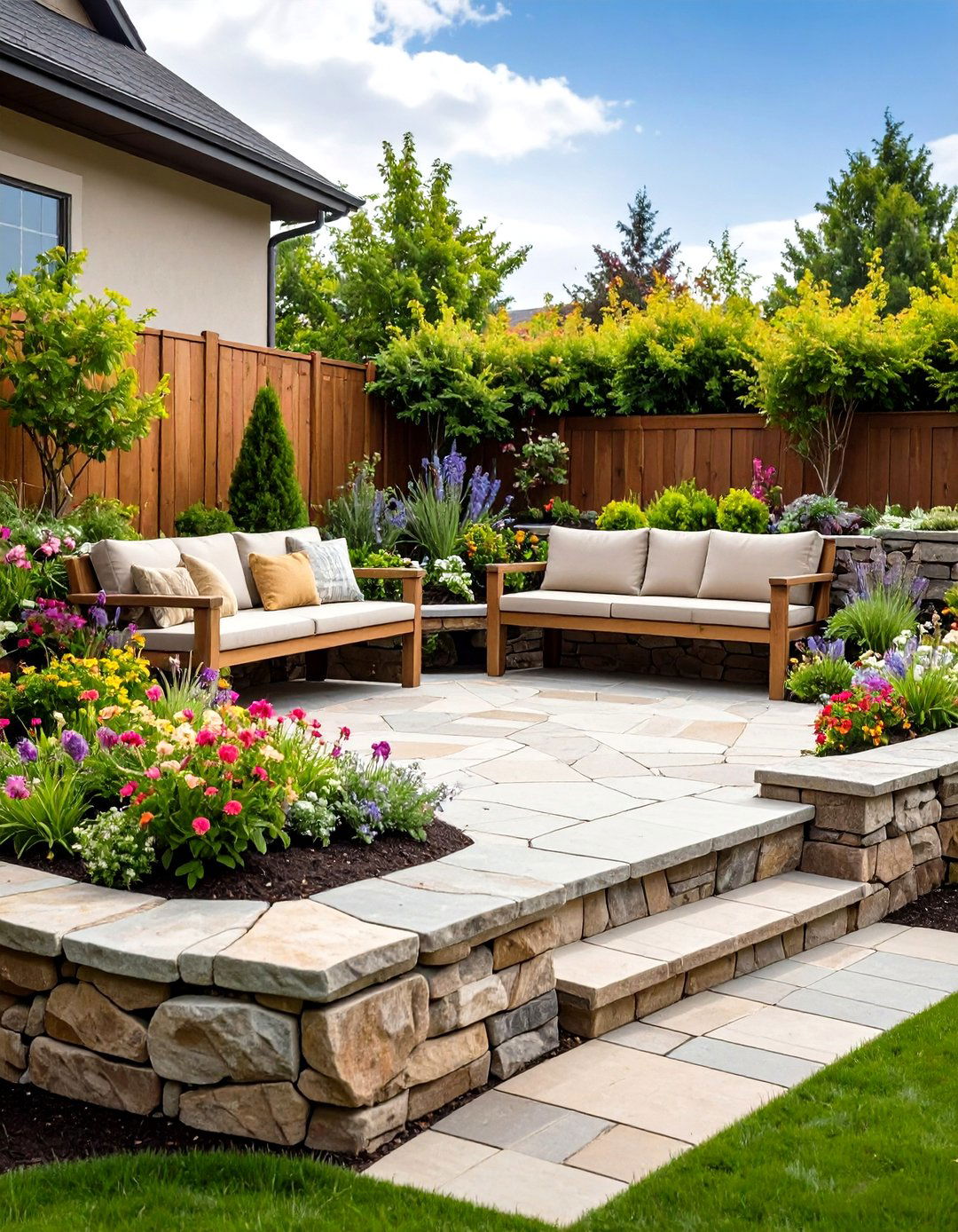 Raised Stone Patio with Retaining Wall Seating - 24 Front Yard Patio Ideas