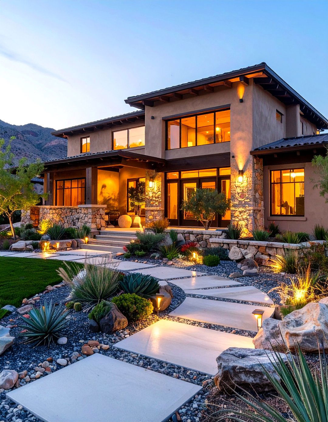 Ranch Home with Desert Xeriscaping and Stone Accents - 24 Curb Appeal Inspiration for Ranch Homes