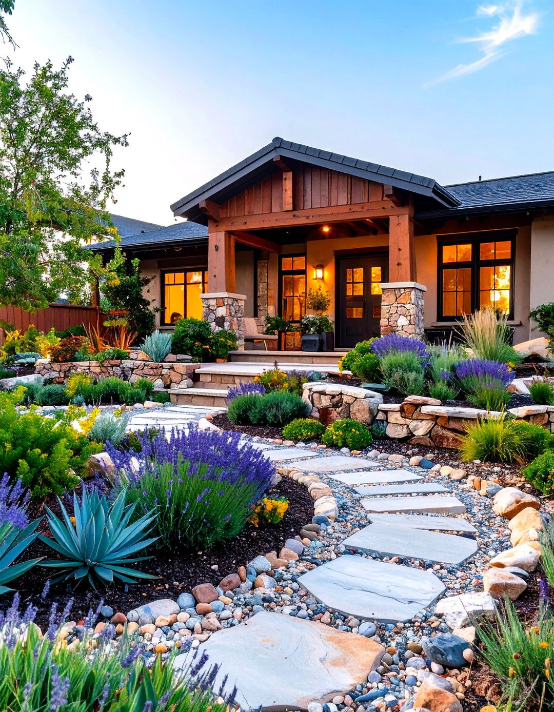 Ranch Home with Mixed Stone Veneer and Drought Tolerant Gardens - 24 Curb Appeal Inspiration for Ranch Homes