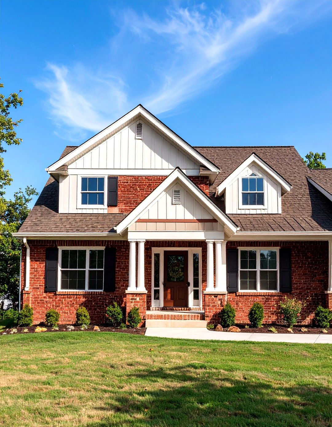 Ranch Style Brown Brick with Cream Stucco Panels - 24 Cream and Brown House Exterior Ideas