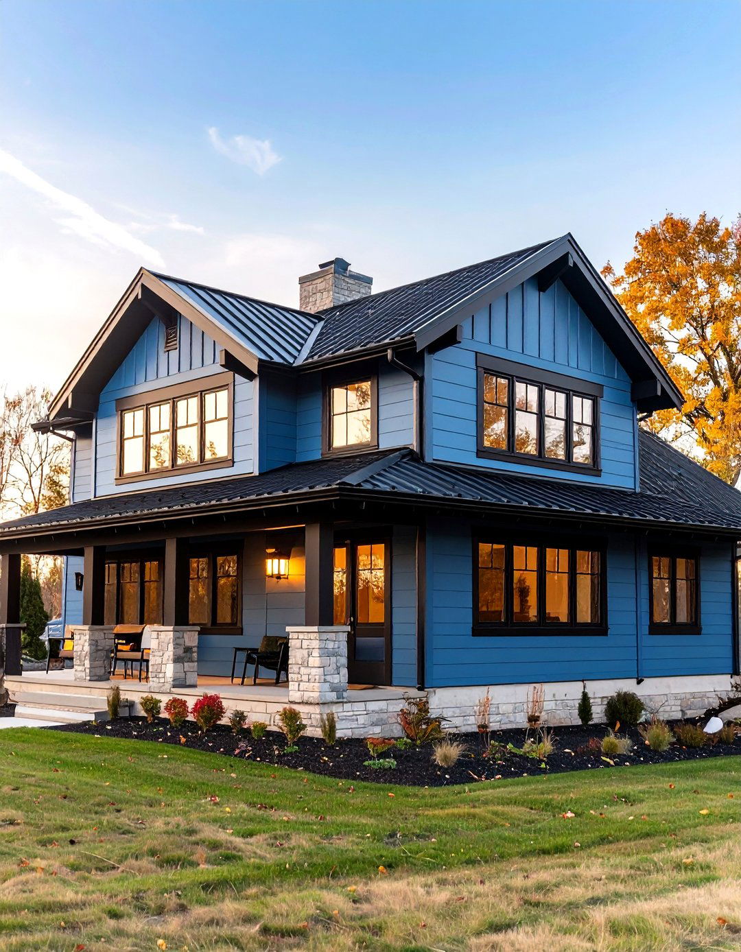 Ranch Style Home in Denim Blue with Black Accents - 24 Blue House With Black Trim Ideas