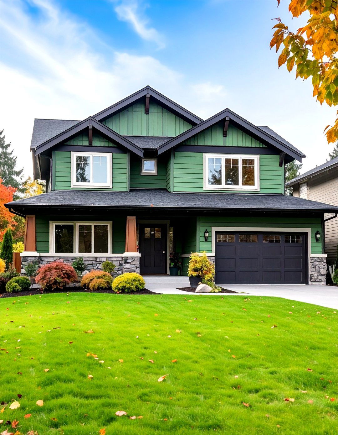 Ranch Style Sage Green House With Black Roofline Details - 24 Sage Green House With Black Trim Ideas