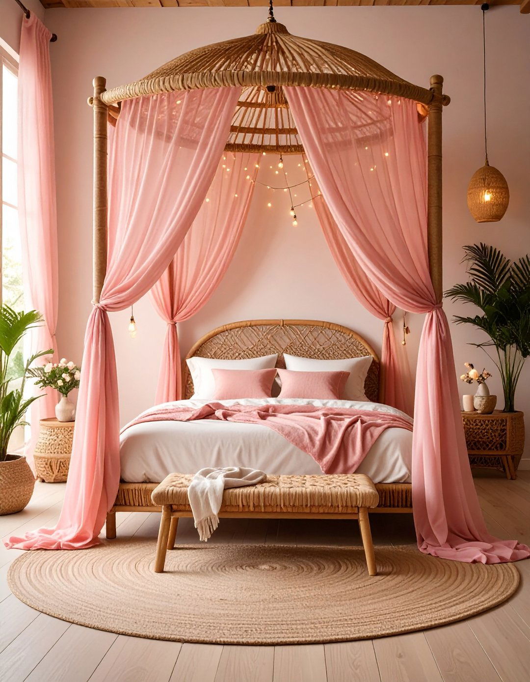 Rattan Canopy Bed with Pink Flowing Curtains - 24 Pink Boho Bedroom Ideas