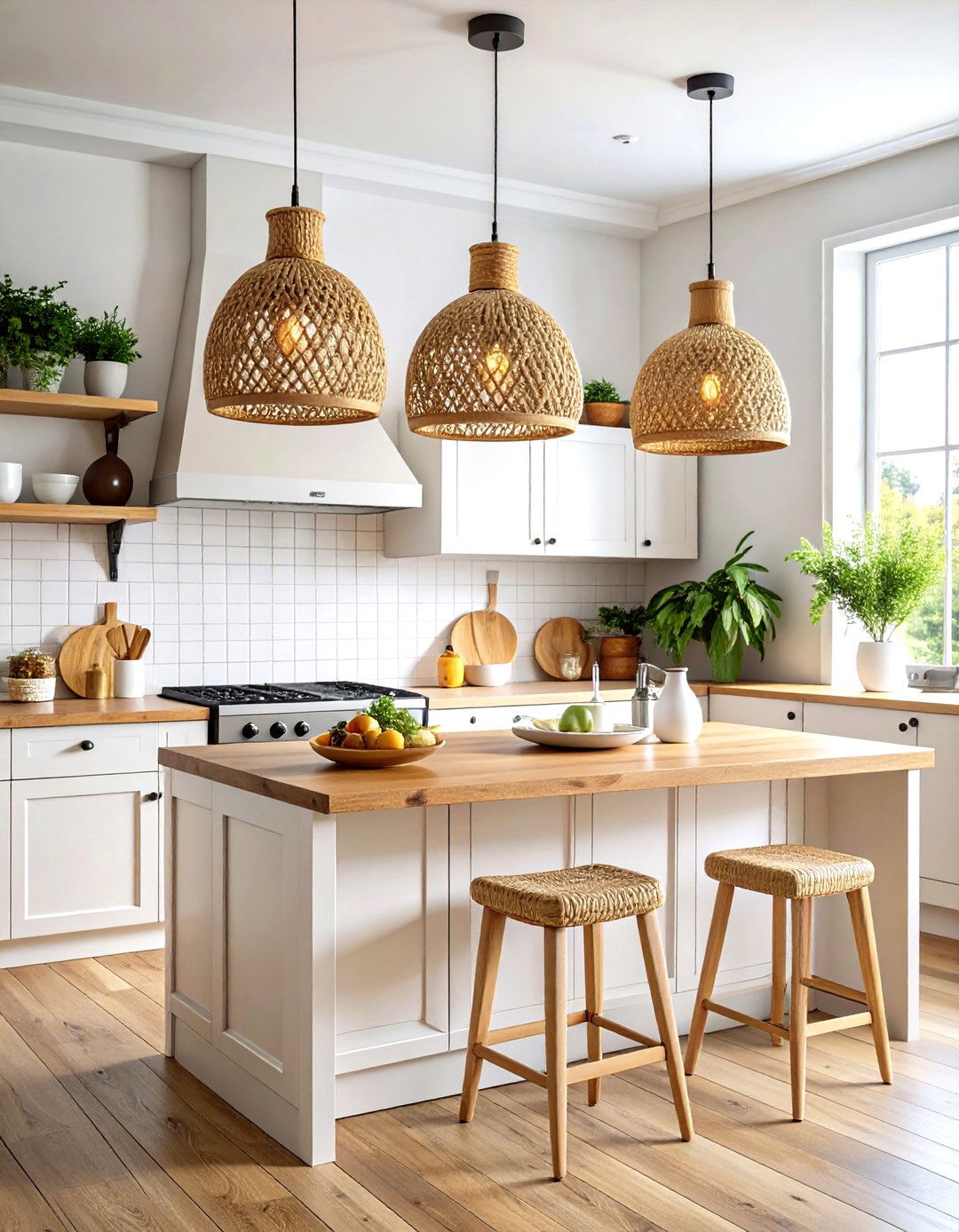 Rattan Kitchen Island Lighting Scheme - 24 Boho Farmhouse Decor Ideas