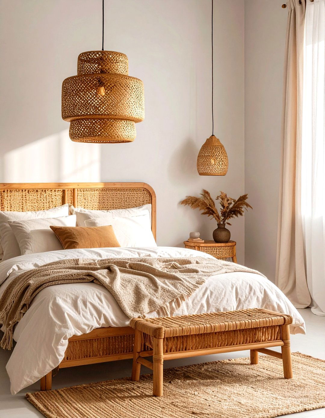 Rattan Pendant Light Fixtures - 24 Dark Boho Bedroom Ideas