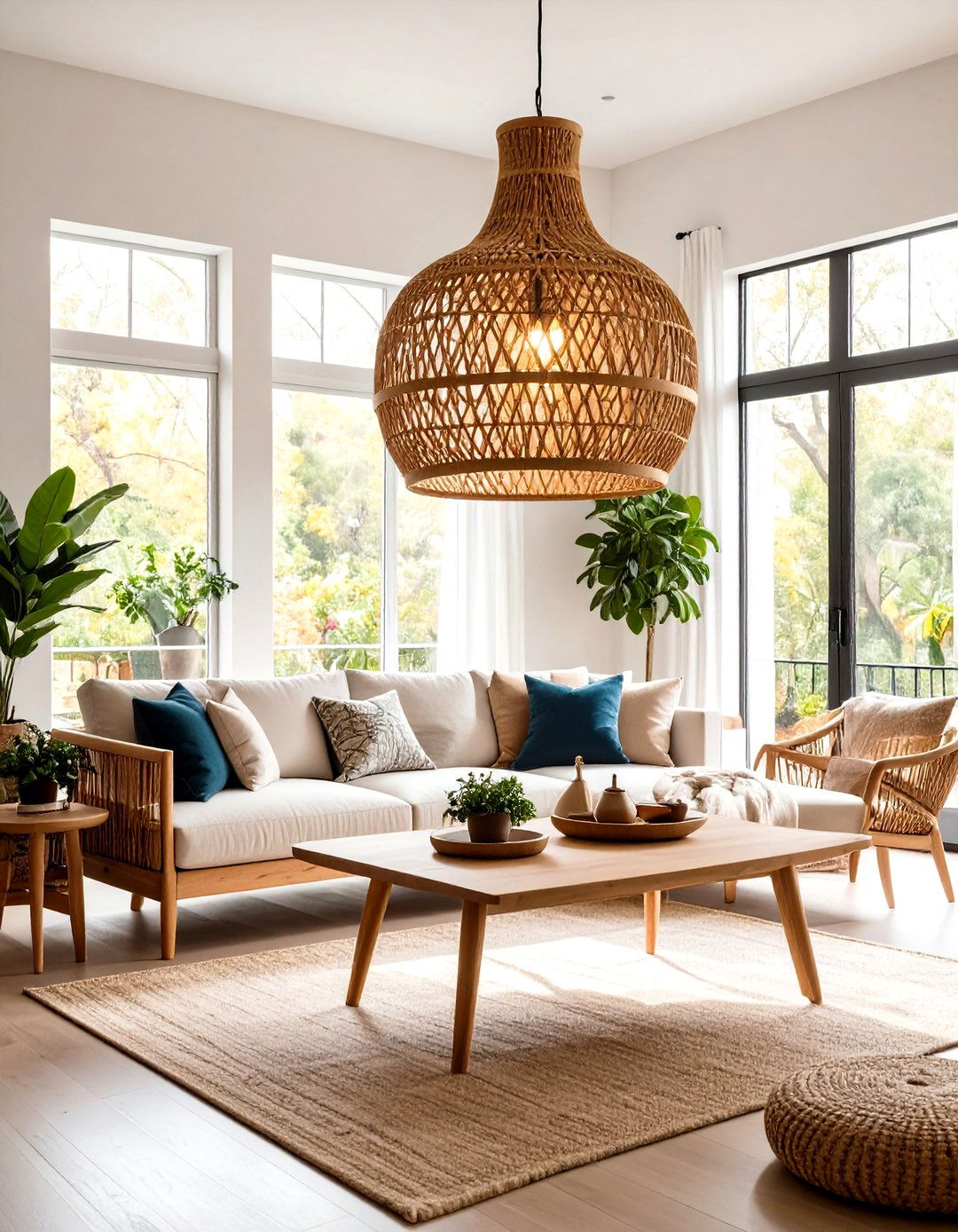 Rattan Pendant Natural Textures - 24 Living Room Lighting Ideas