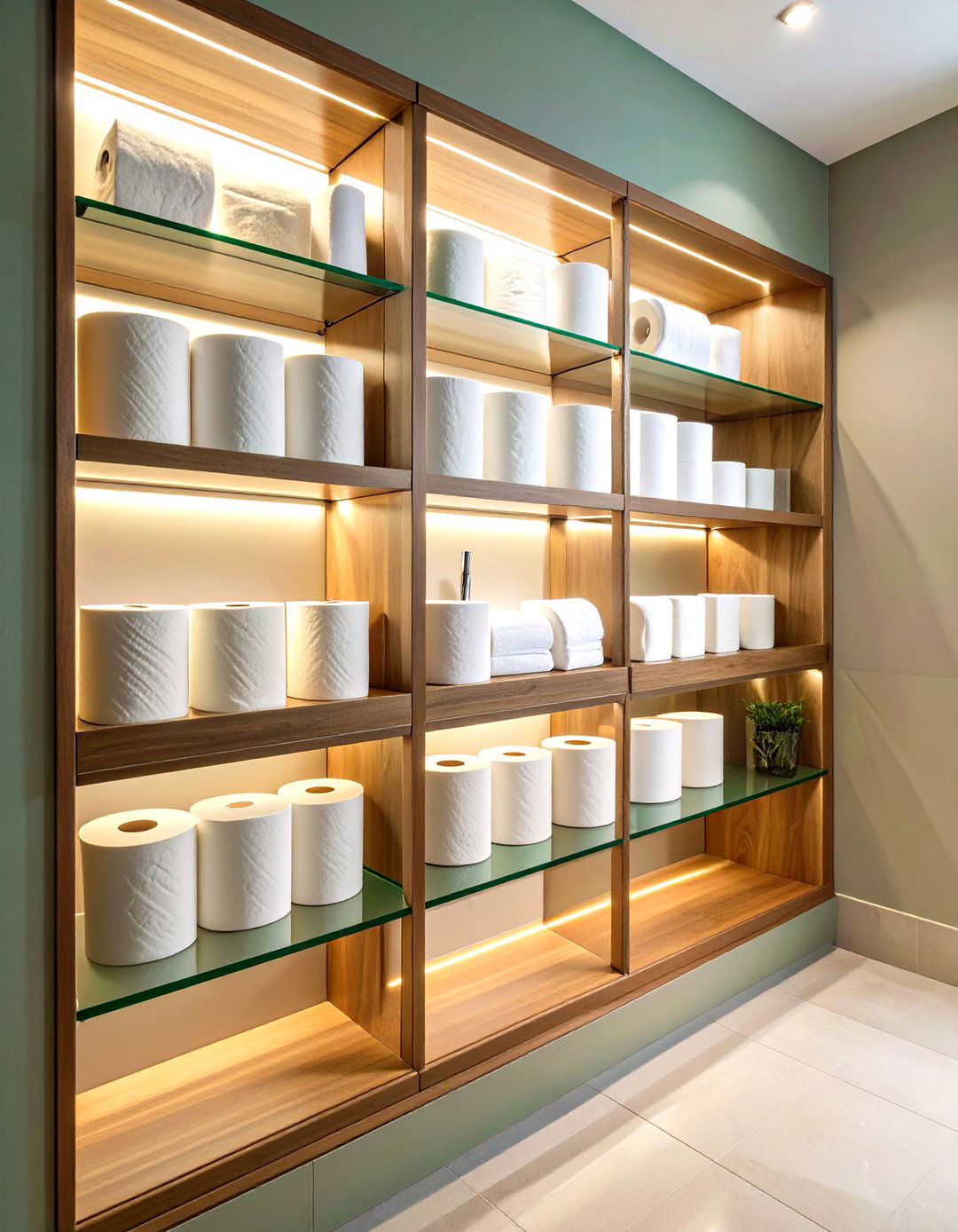 Recessed Wall Niche with Glass Shelving - 24 Toilet Paper Storage Ideas