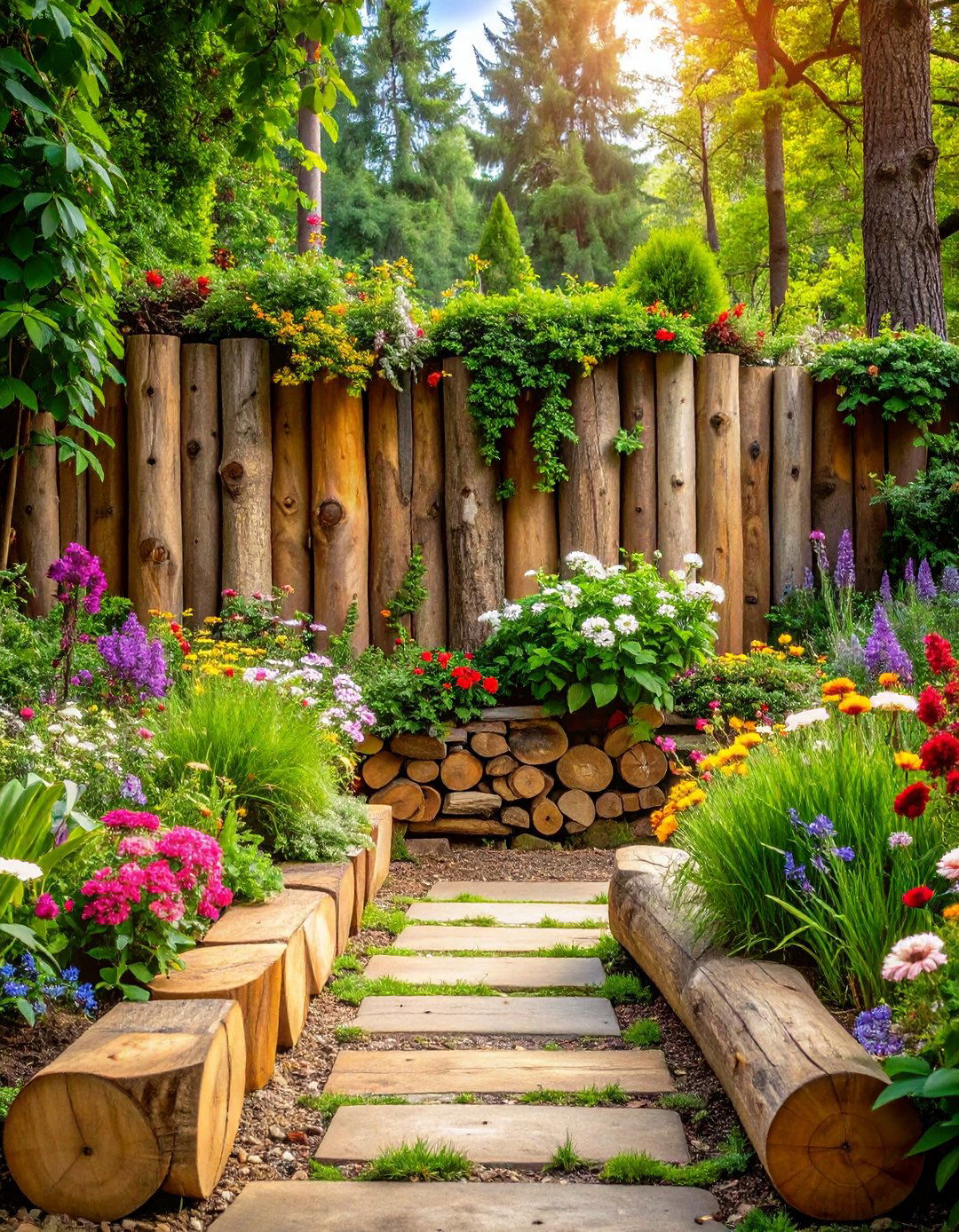 Reclaimed Log Border Design - 24 Recycled Garden Edging Ideas