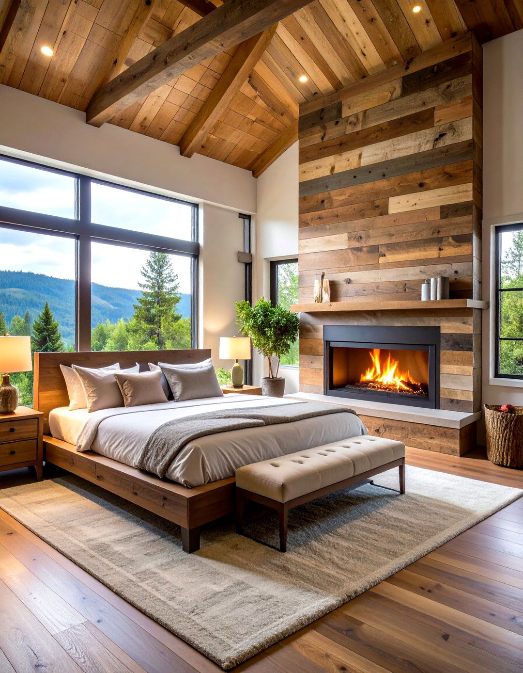 Reclaimed Wood Accent Wall Fireplace - 24 Bedroom Fireplace Ideas