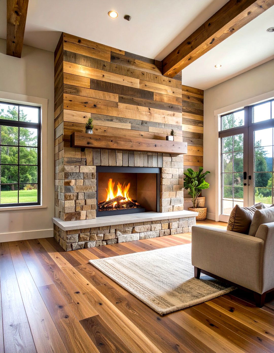 Reclaimed Wood Accent Wall Integration - 24 Two-story Fireplace Ideas