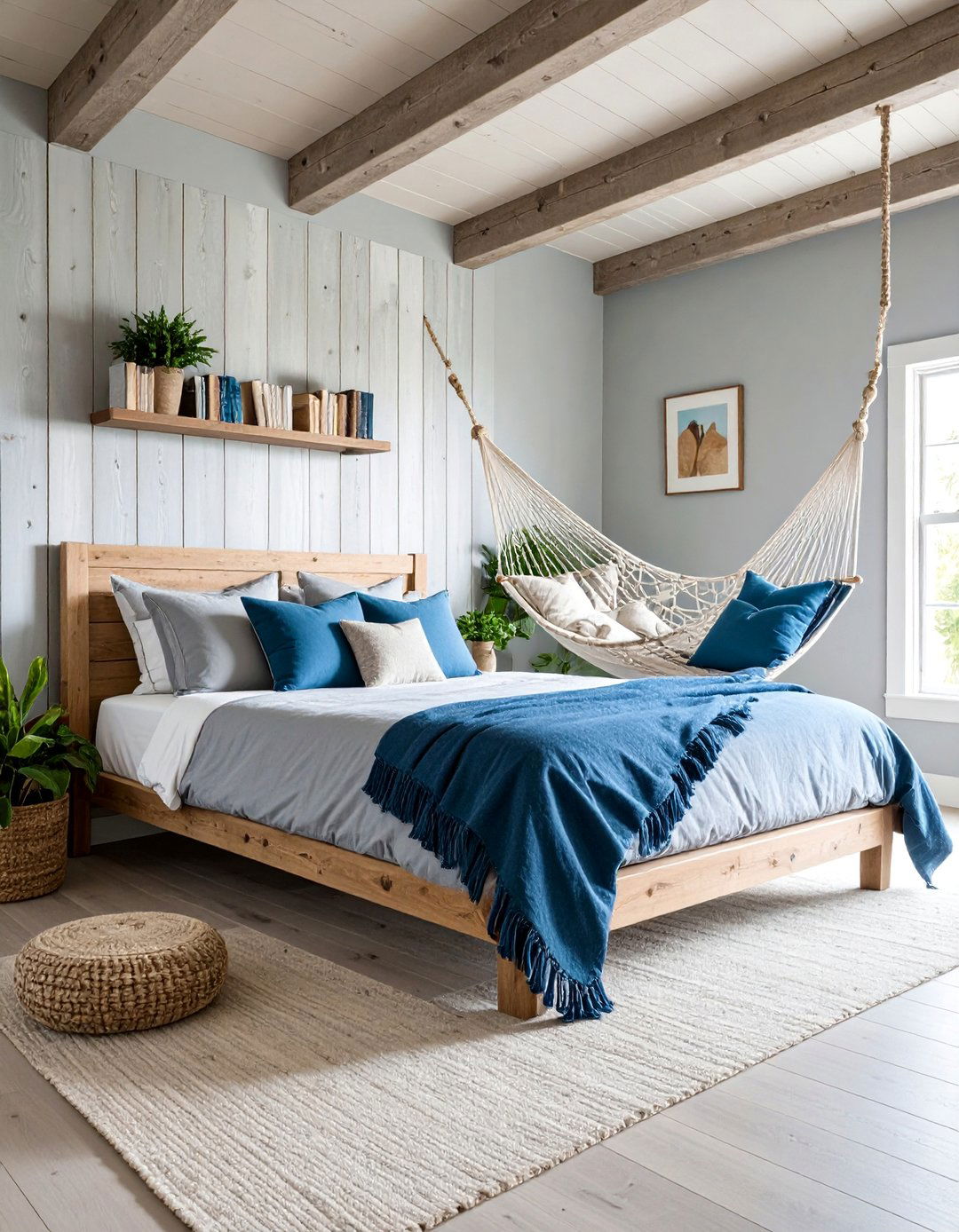 Reclaimed Wood Accent Wall with Hammock Reading Nook - 24 Boho Beach Bedroom Ideas