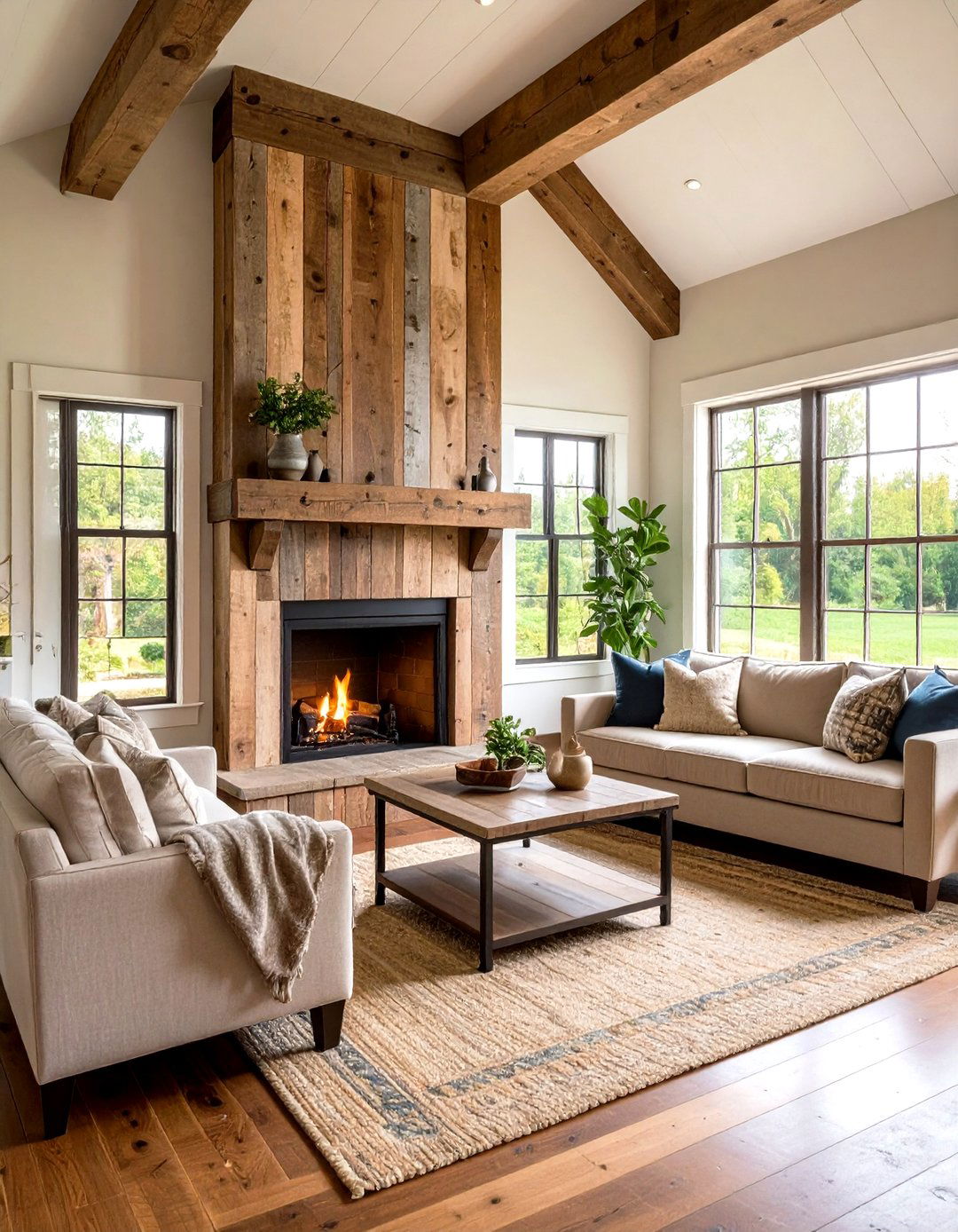 Reclaimed Wood Fireplace with Barn Windows - 24 Fireplace Between Windows Ideas