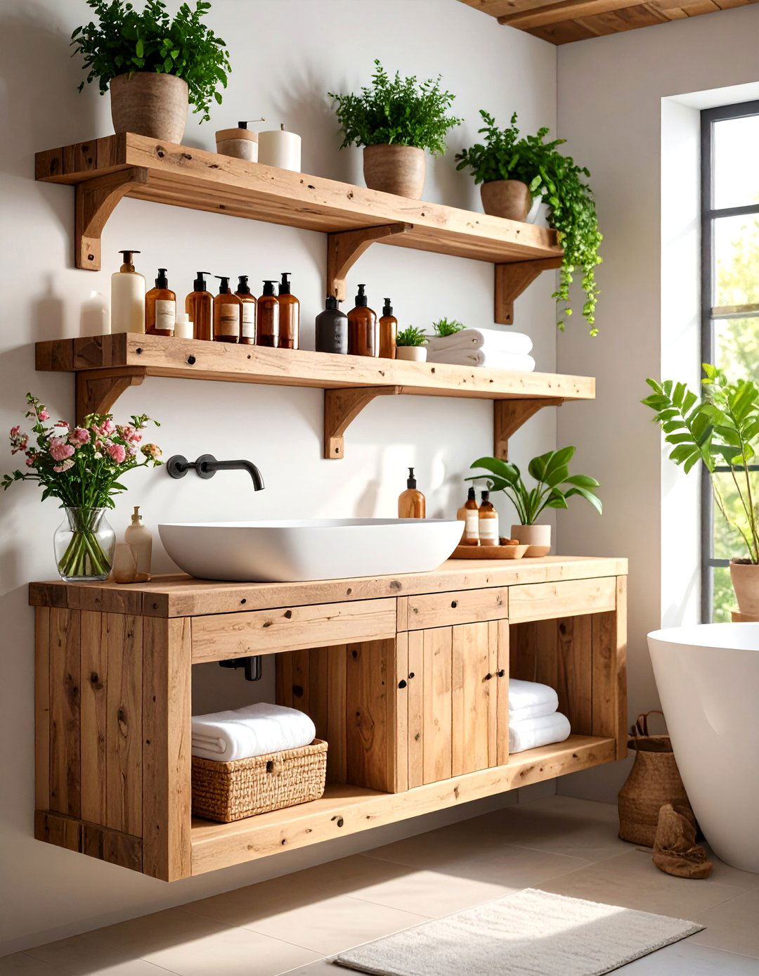 Reclaimed Wood Floating Shelf Storage - 24 Bathroom Storage Ideas
