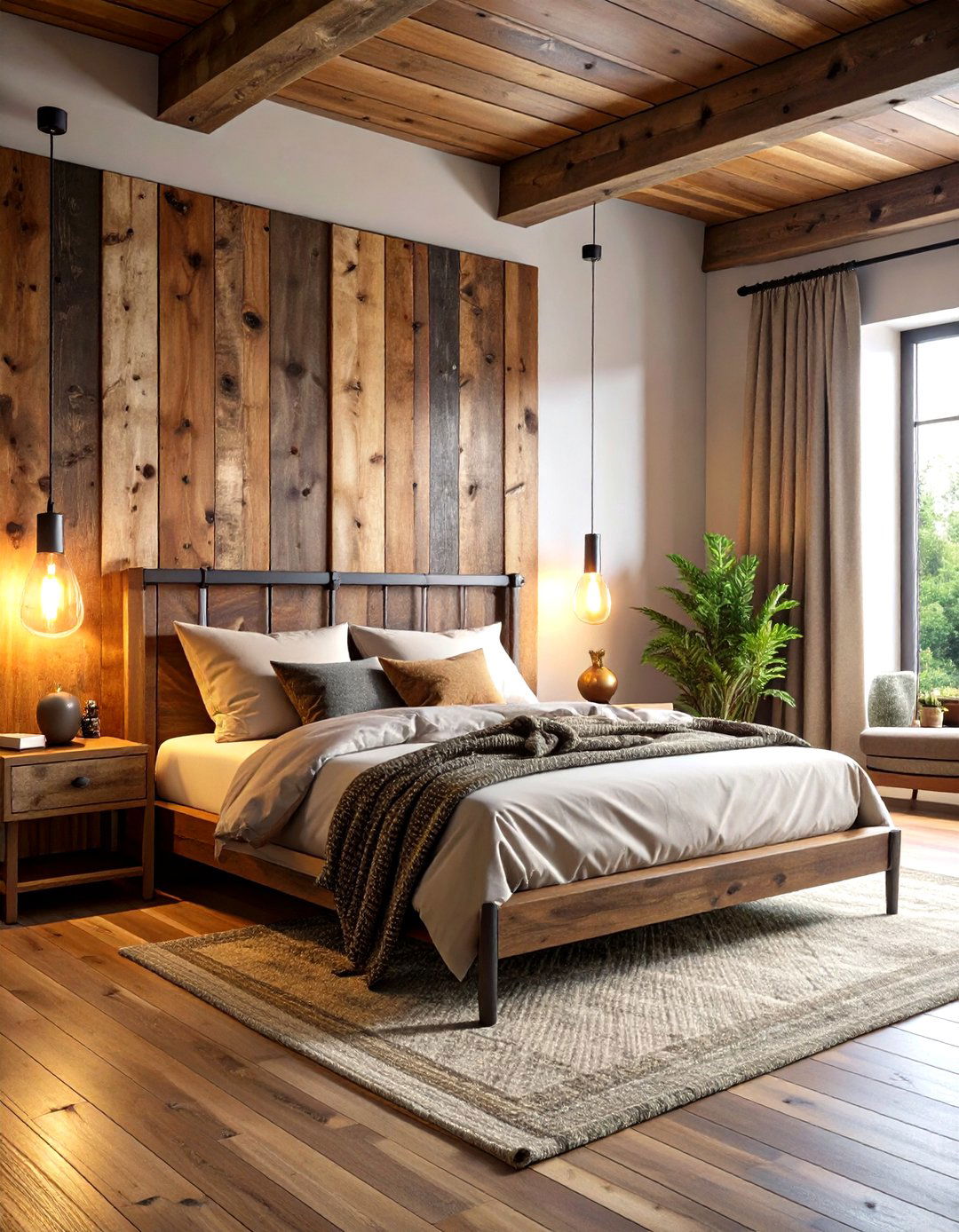 Reclaimed Wood Headboard Focus - 24 Industrial Bedroom Ideas