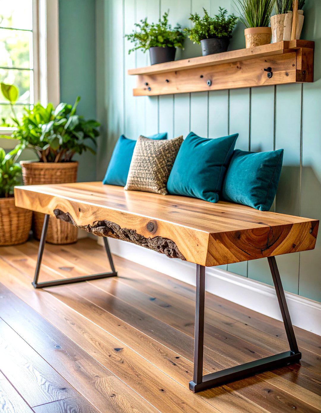 Reclaimed Wood Live Edge Bench - 24 Mudroom Bench Ideas
