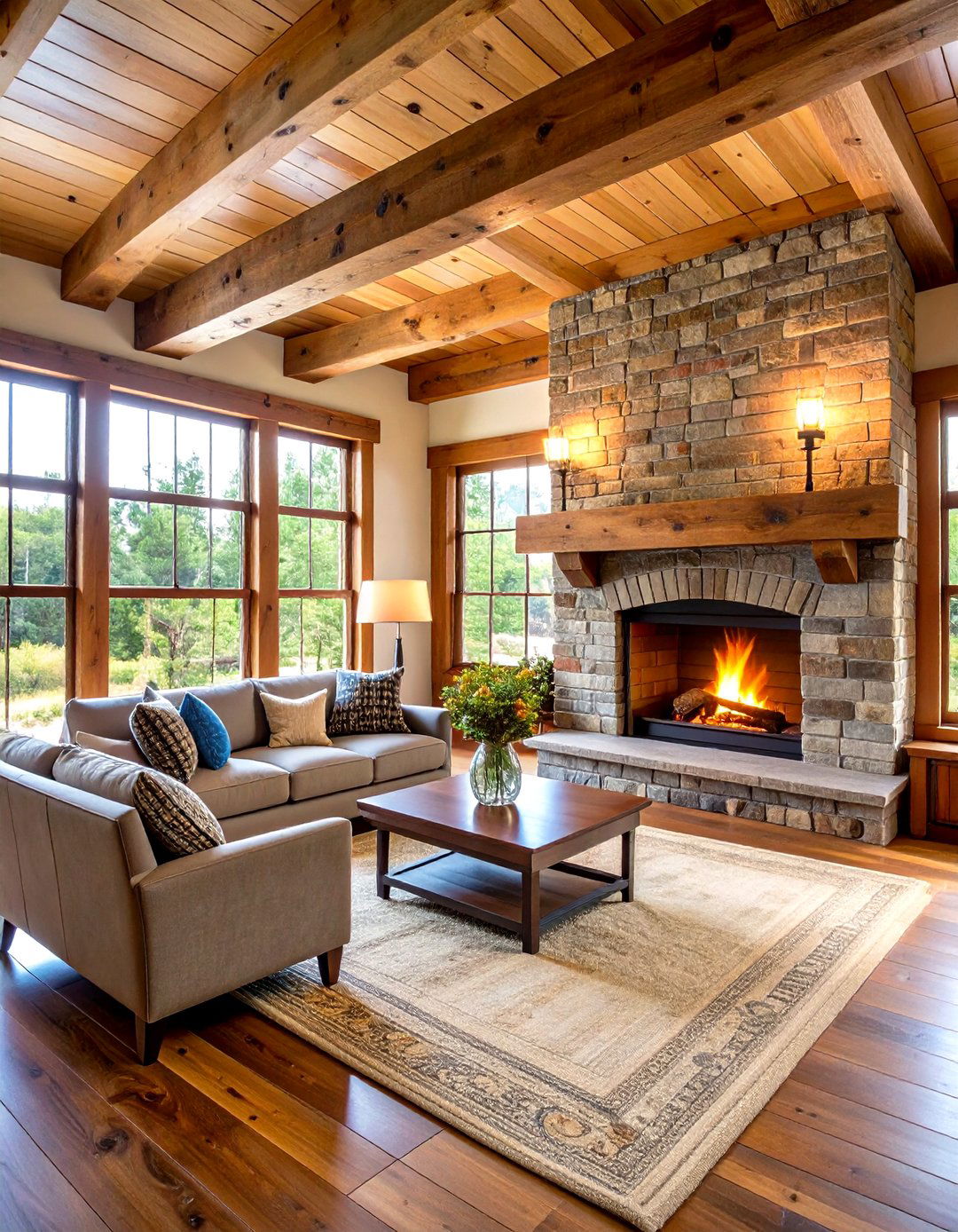 Reclaimed Wood Mantel with Exposed Brick - 24 Rustic Brick Fireplace Ideas