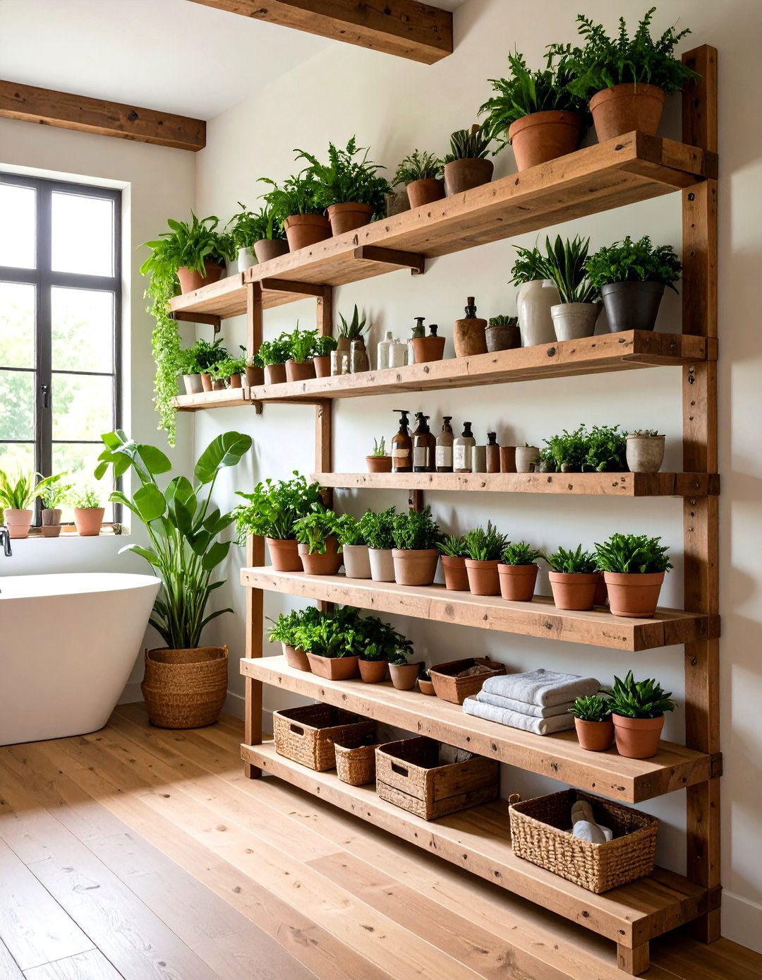 Reclaimed Wood Plant Shelving - 24 Greenhouse Bathroom Ideas