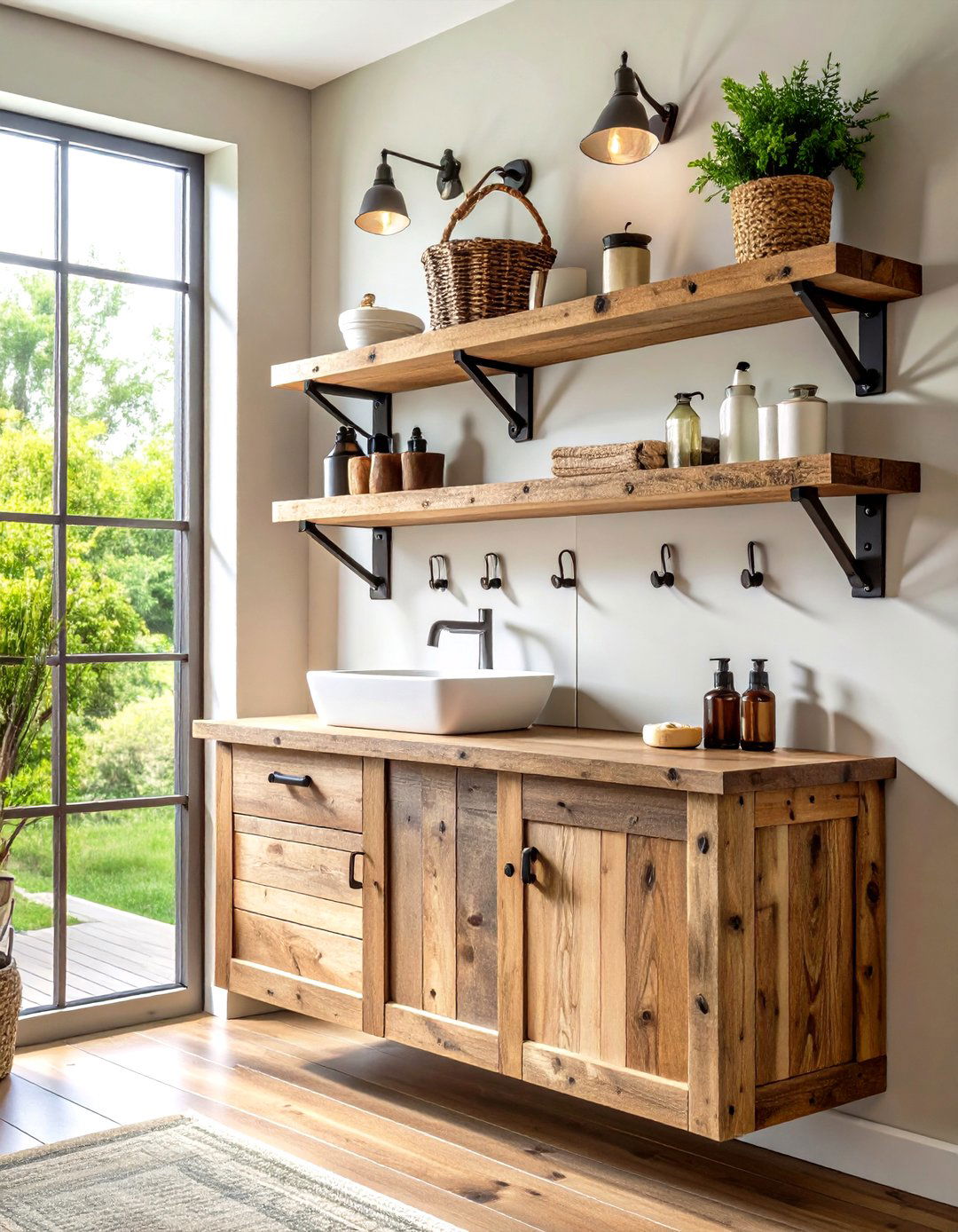 Reclaimed Wood Shelf and Hook System - 24 Bathroom Towel Rack Ideas